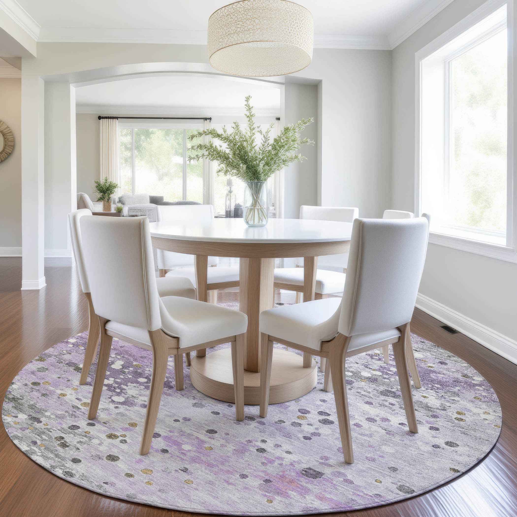 8' Lavender And Ivory Round Abstract Washable Indoor Outdoor Area Rug