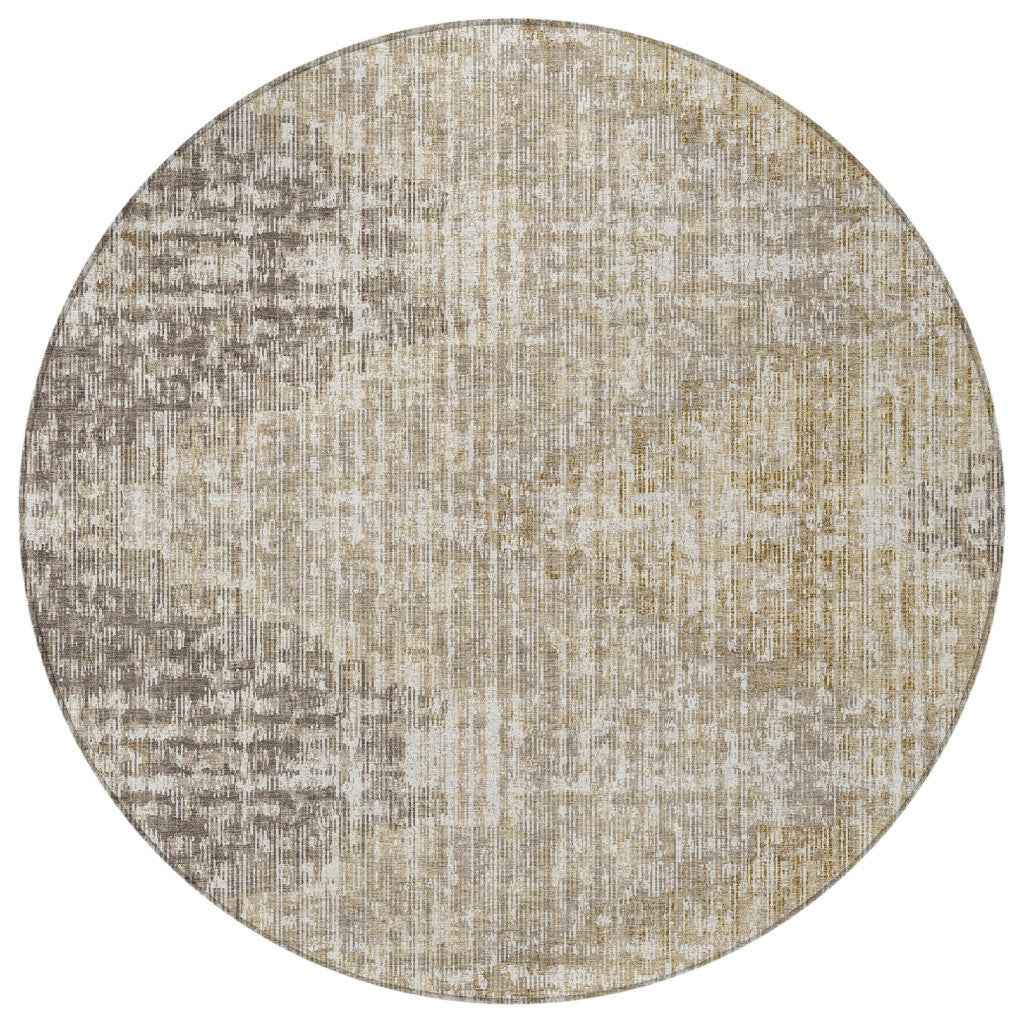 8' Khaki And Beige Round Geometric Washable Indoor Outdoor Area Rug