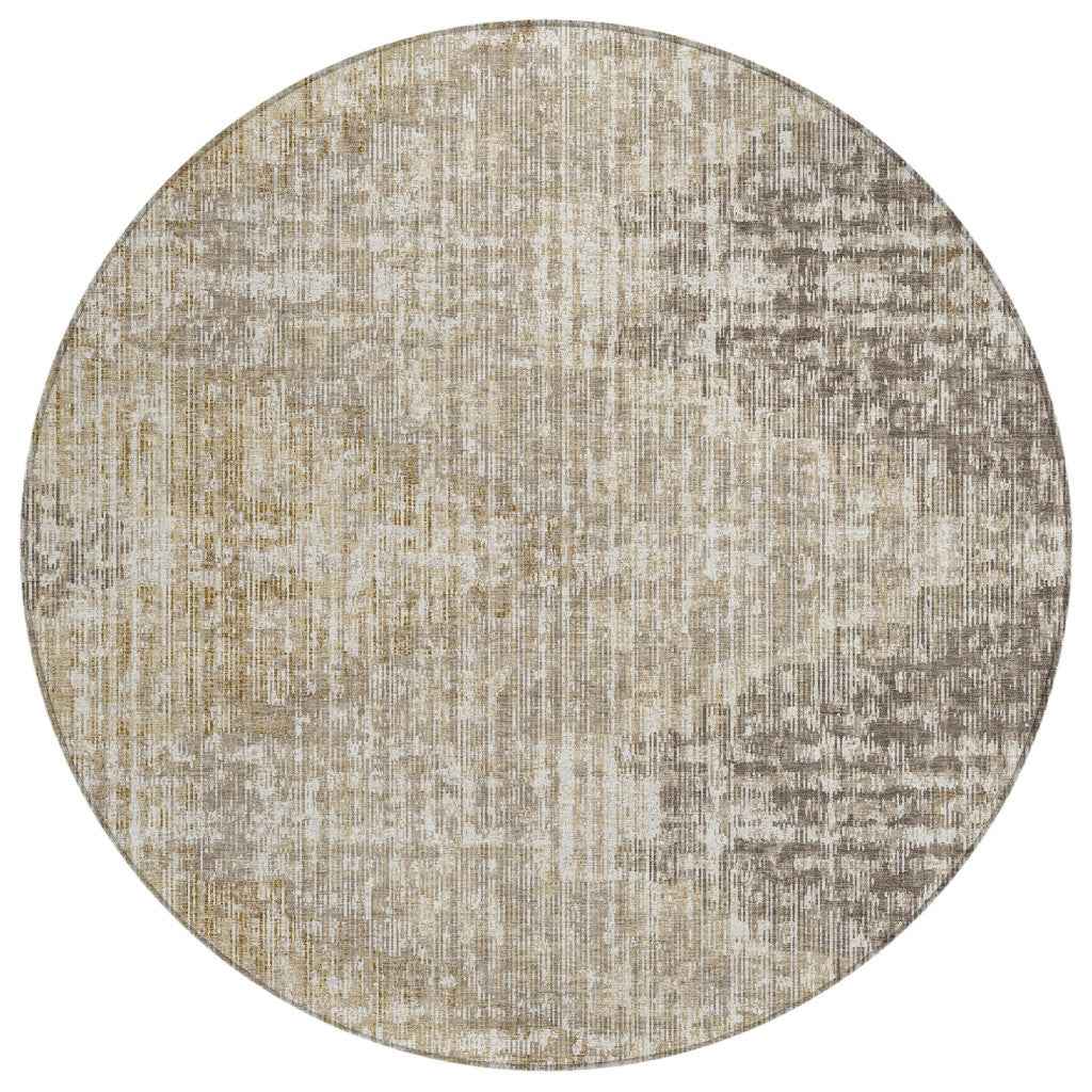 8' Khaki And Beige Round Geometric Washable Indoor Outdoor Area Rug