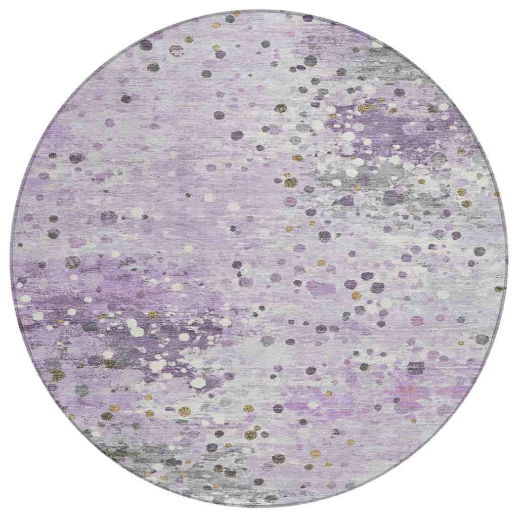 8' Lavender And Ivory Round Abstract Washable Indoor Outdoor Area Rug