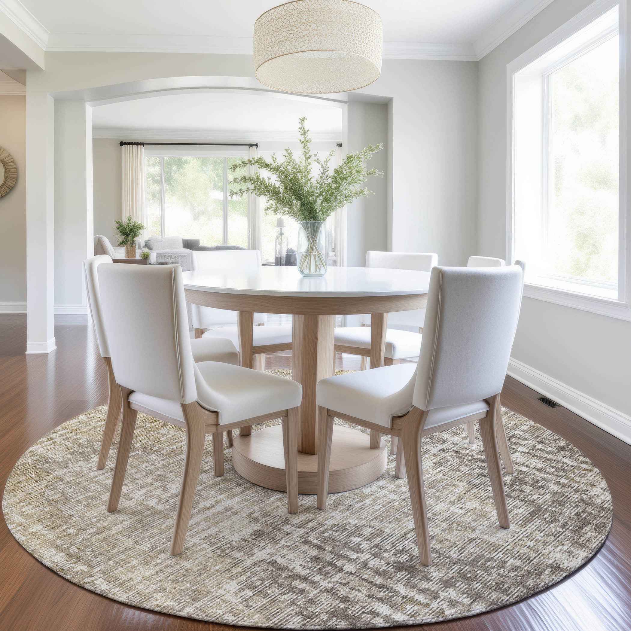 8' Khaki And Beige Round Geometric Washable Indoor Outdoor Area Rug