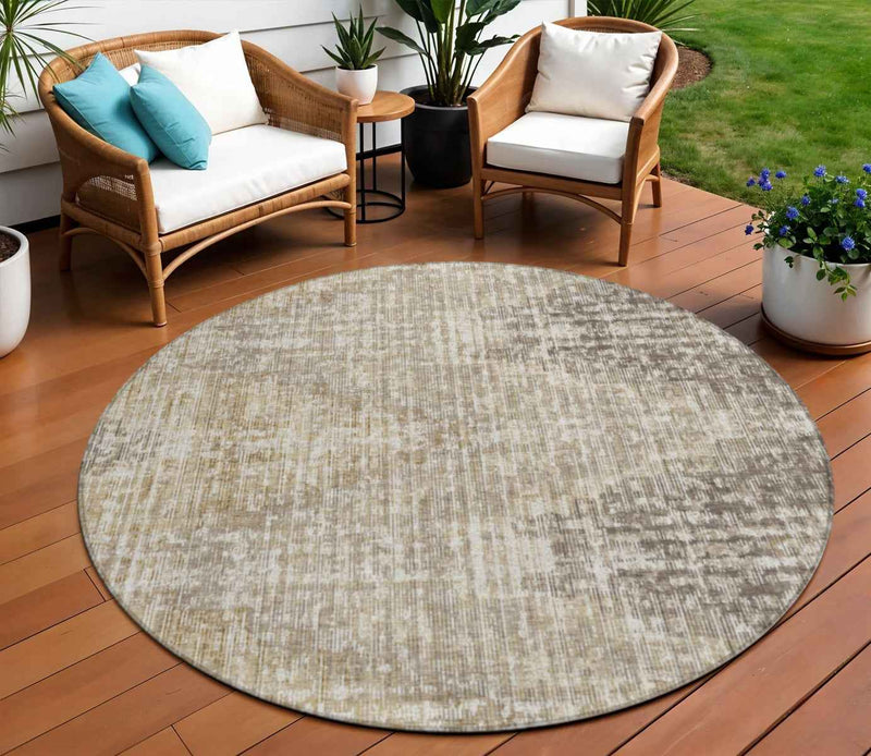 8' Khaki And Beige Round Geometric Washable Indoor Outdoor Area Rug