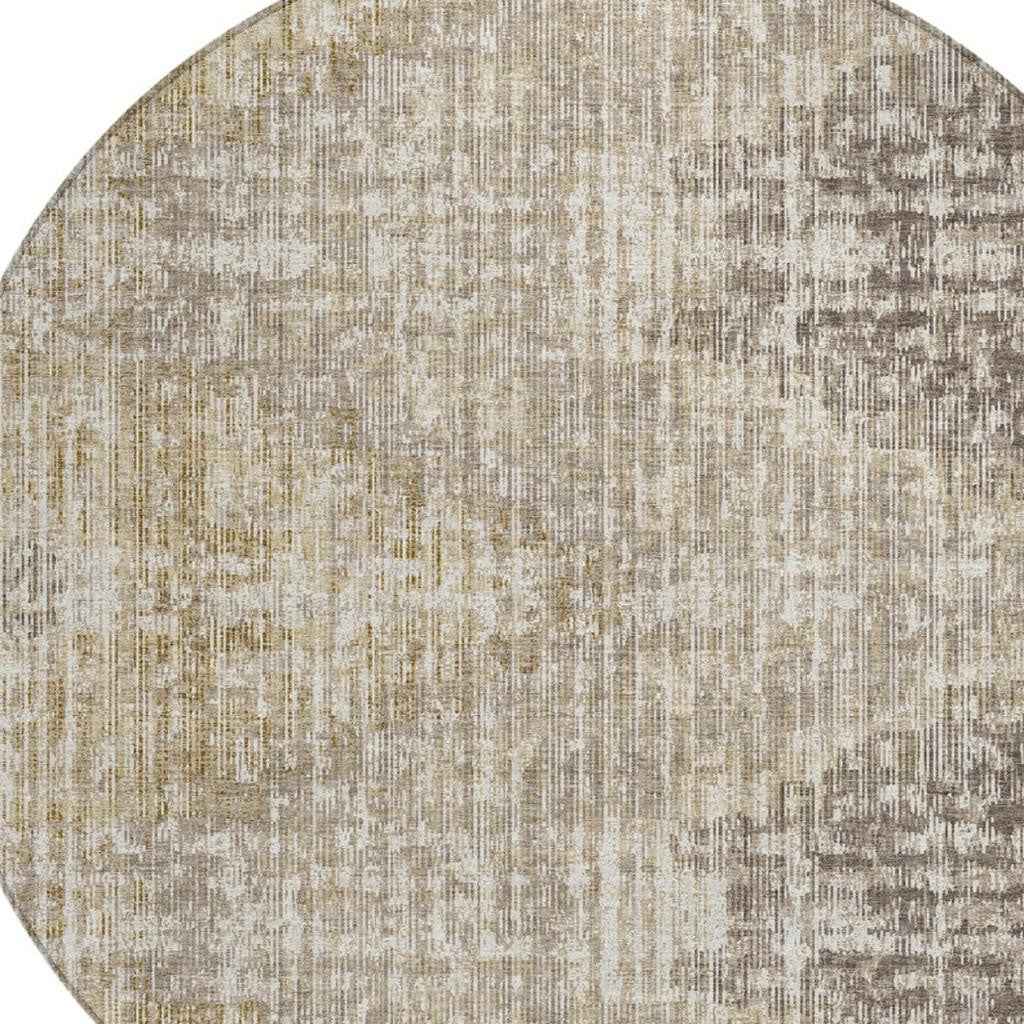 8' Khaki And Beige Round Geometric Washable Indoor Outdoor Area Rug