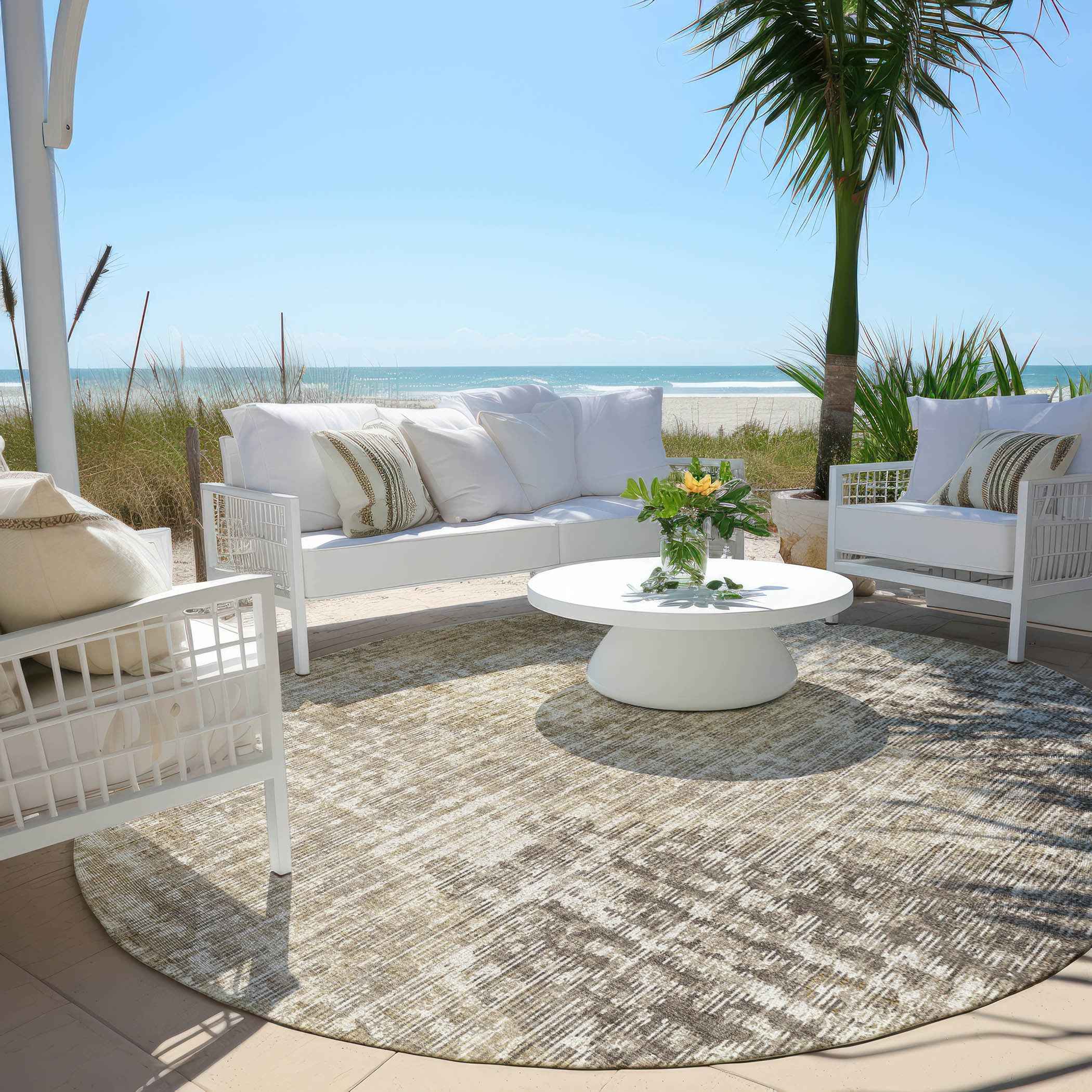 8' Khaki And Beige Round Geometric Washable Indoor Outdoor Area Rug