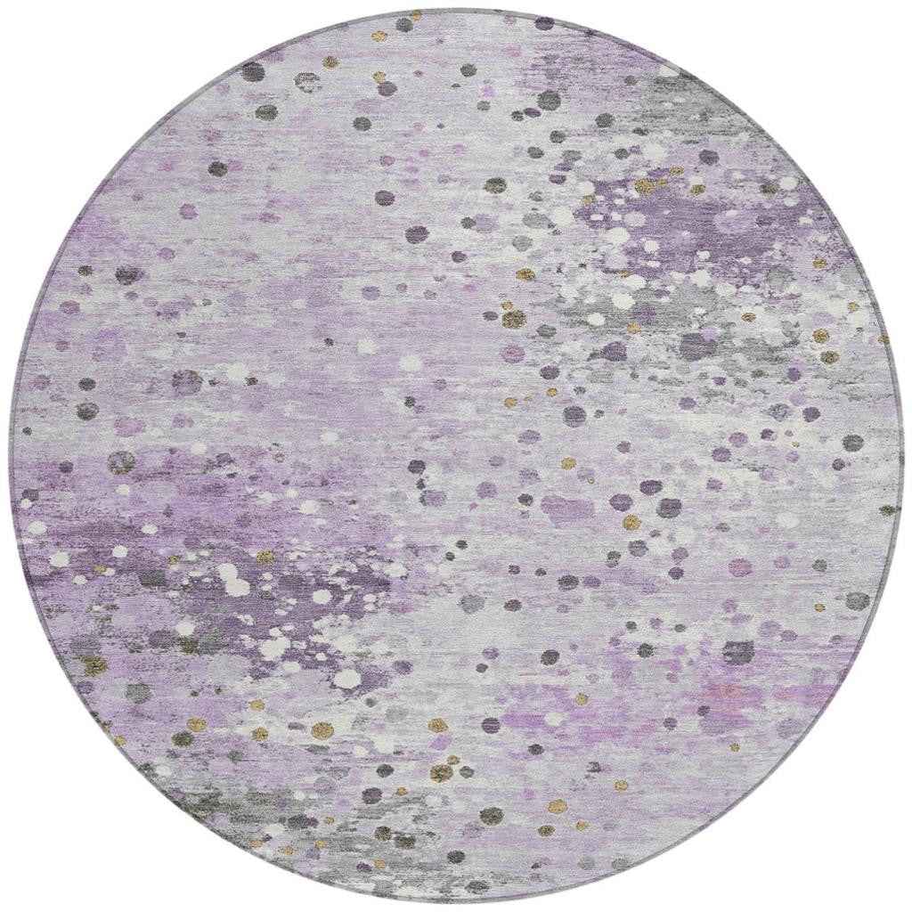 8' Lavender And Ivory Round Abstract Washable Indoor Outdoor Area Rug