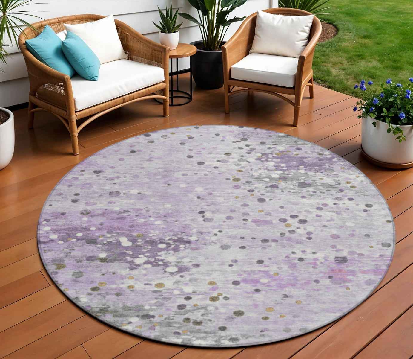 8' Lavender And Ivory Round Abstract Washable Indoor Outdoor Area Rug