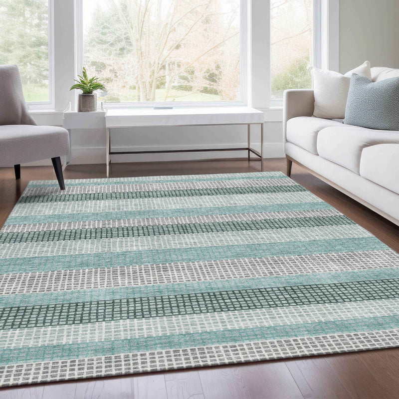 8' X 10' Teal Blue And Ivory Striped Washable Indoor Outdoor Area Rug
