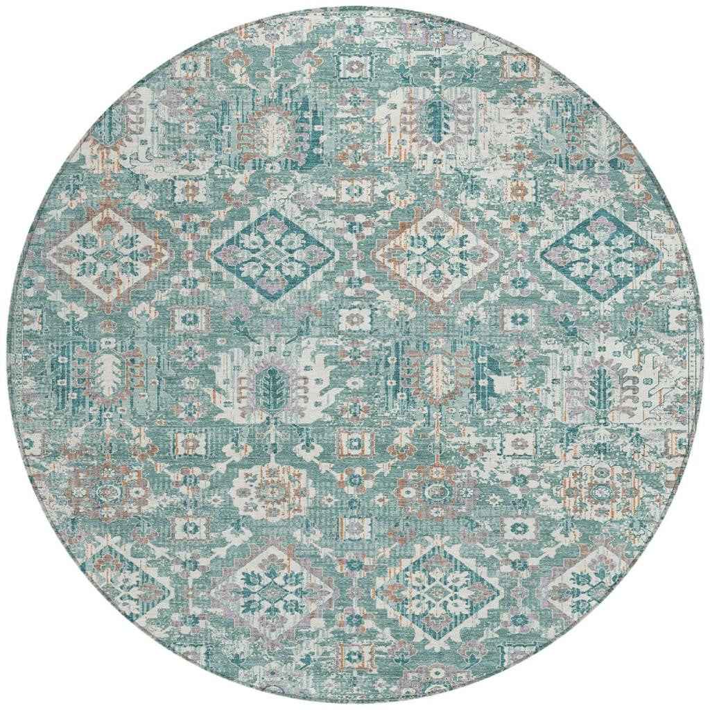 8' Pale Aqua And Copper Round Floral Medallion Washable Indoor Outdoor Area Rug