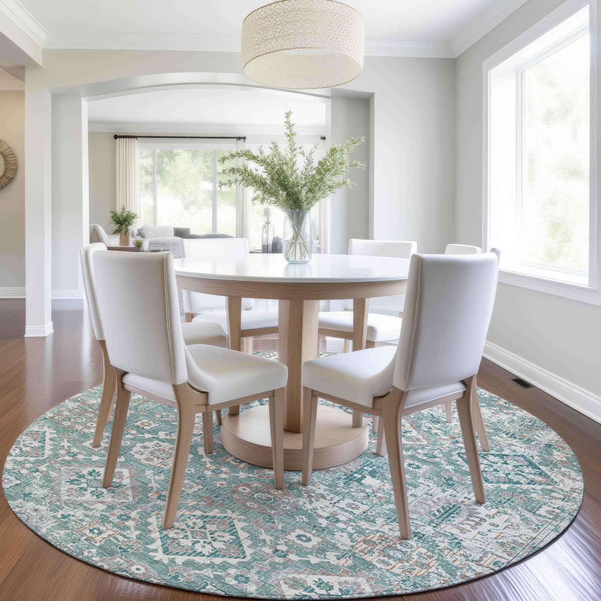 8' Pale Aqua And Copper Round Floral Medallion Washable Indoor Outdoor Area Rug