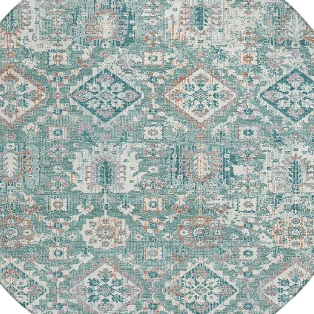 8' Pale Aqua And Copper Round Floral Medallion Washable Indoor Outdoor Area Rug