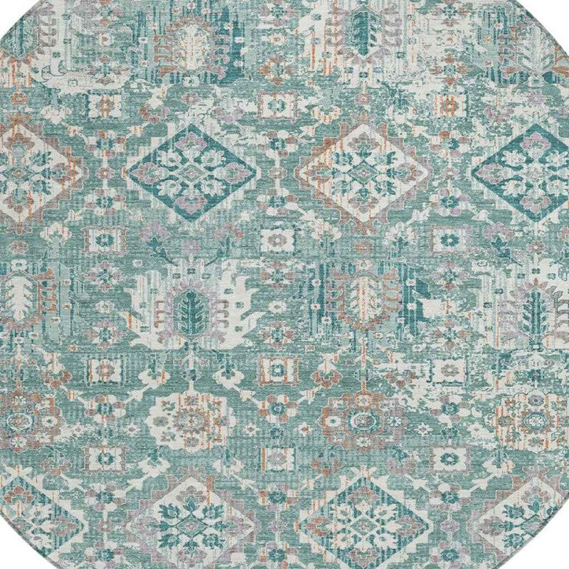 8' Pale Aqua And Copper Round Floral Medallion Washable Indoor Outdoor Area Rug