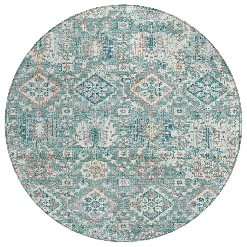8' Pale Aqua And Copper Round Floral Medallion Washable Indoor Outdoor Area Rug