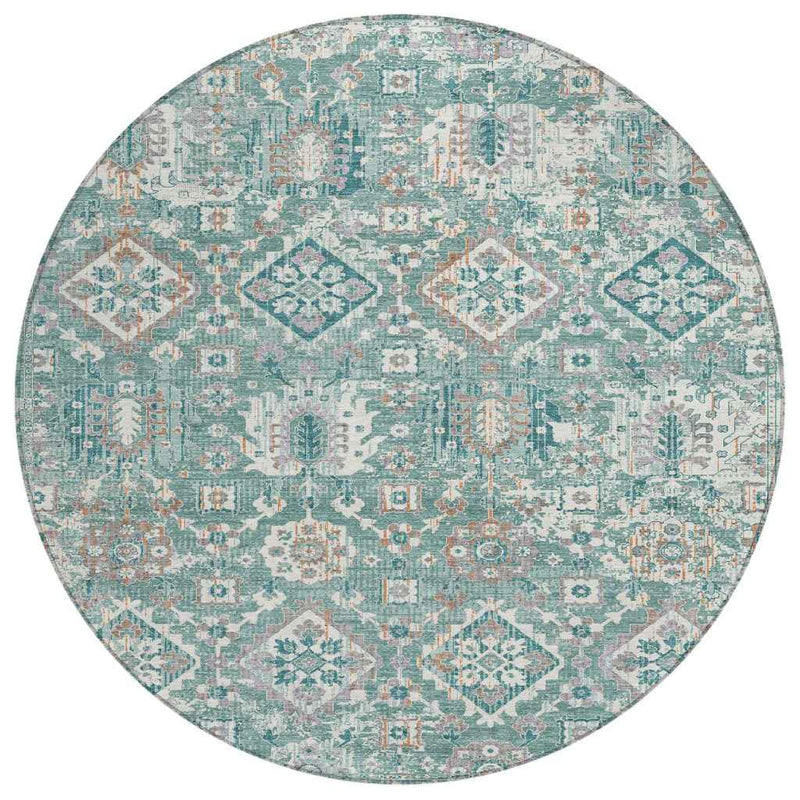 8' Pale Aqua And Copper Round Floral Medallion Washable Indoor Outdoor Area Rug