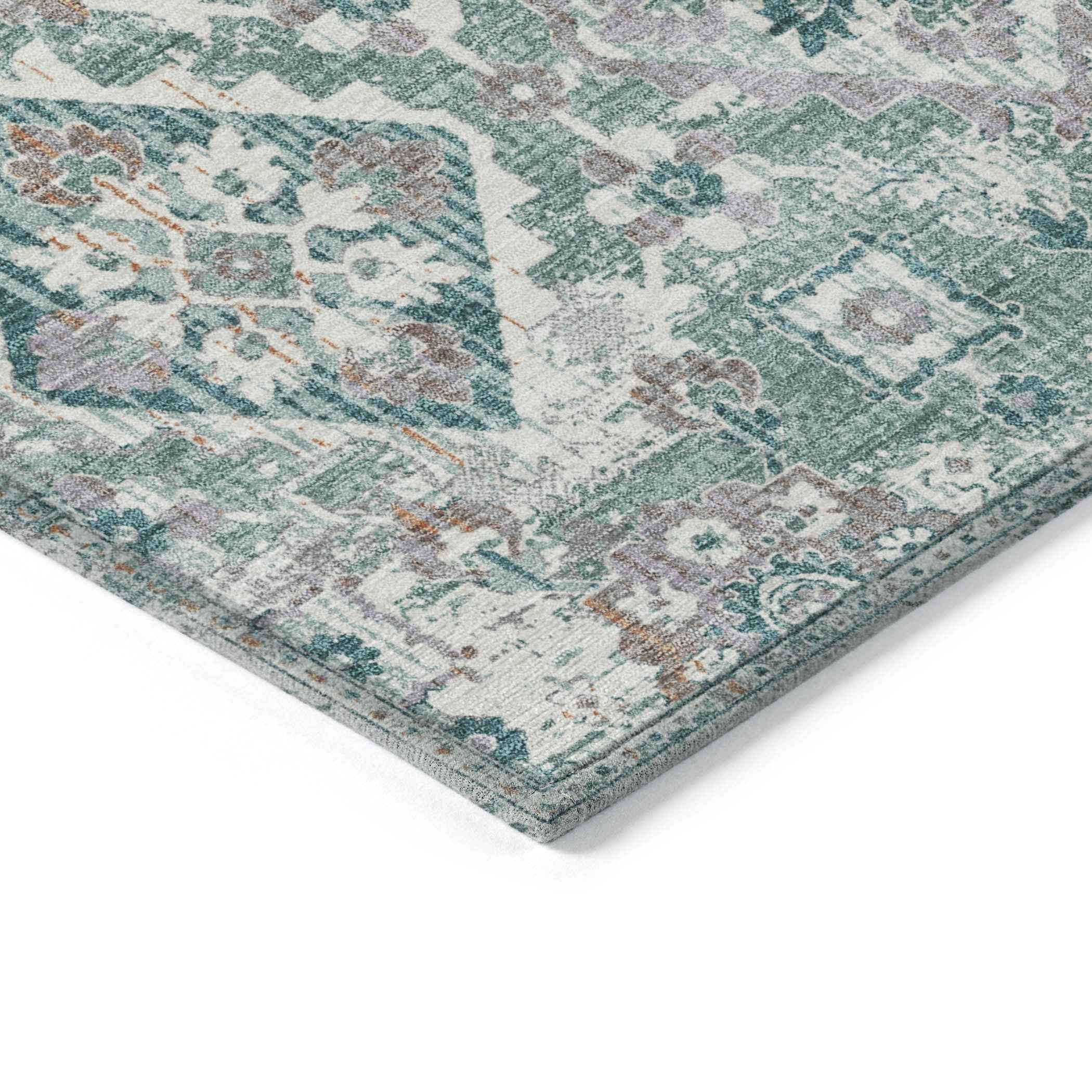 8' Pale Aqua And Copper Round Floral Medallion Washable Indoor Outdoor Area Rug