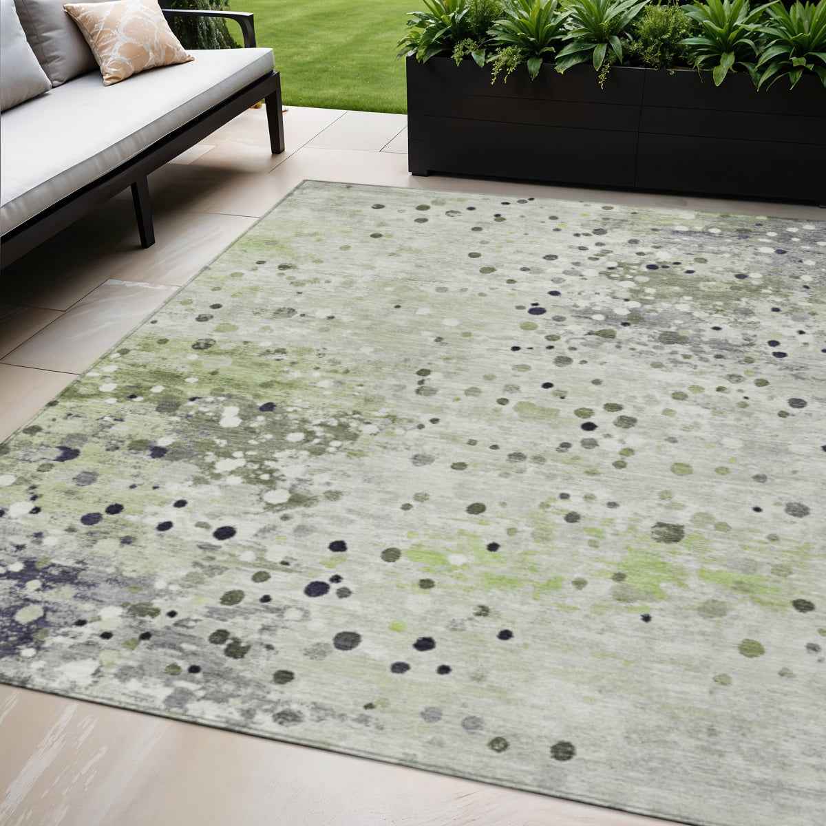5' X 8' Artichoke Green And Purple Abstract Washable Indoor Outdoor Area Rug