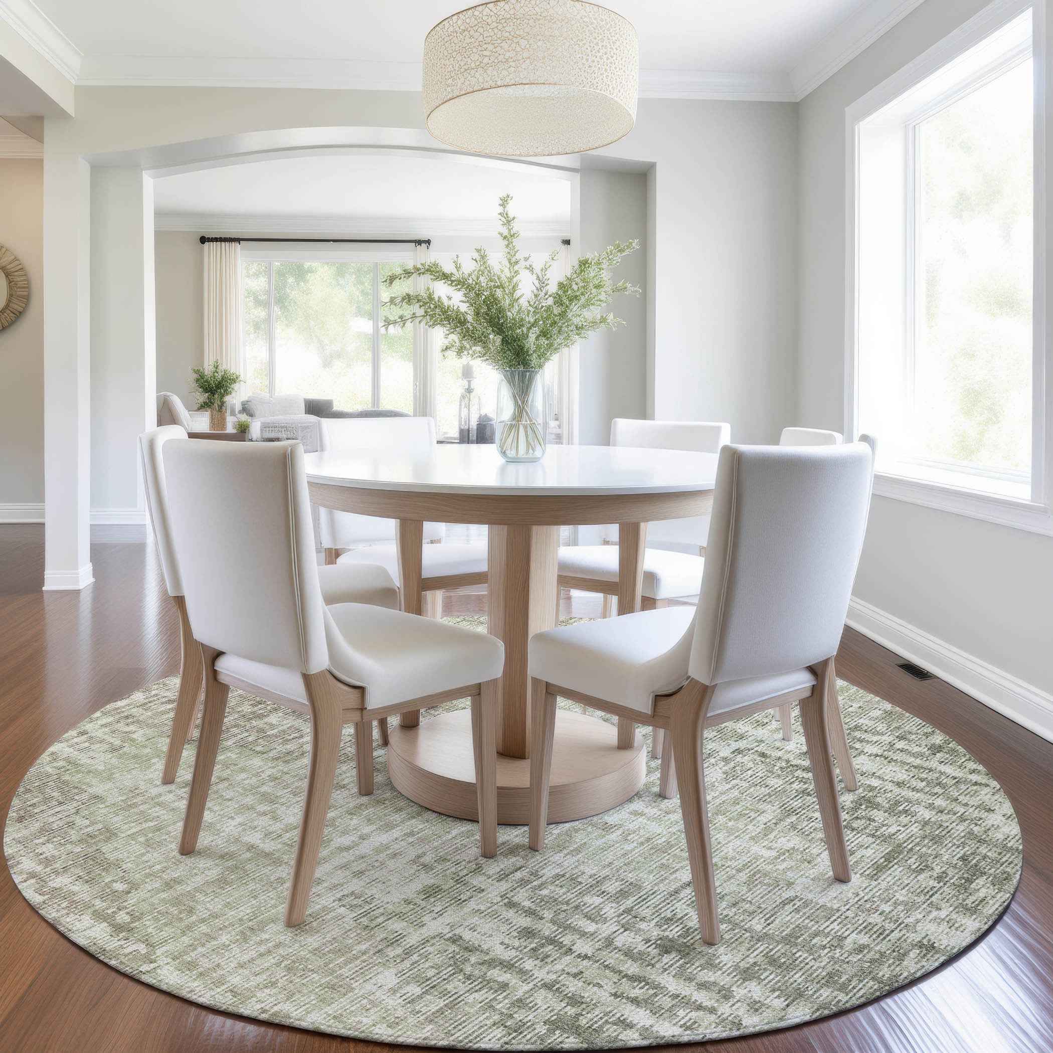 8' Fern Green And Ivory Round Geometric Washable Indoor Outdoor Area Rug