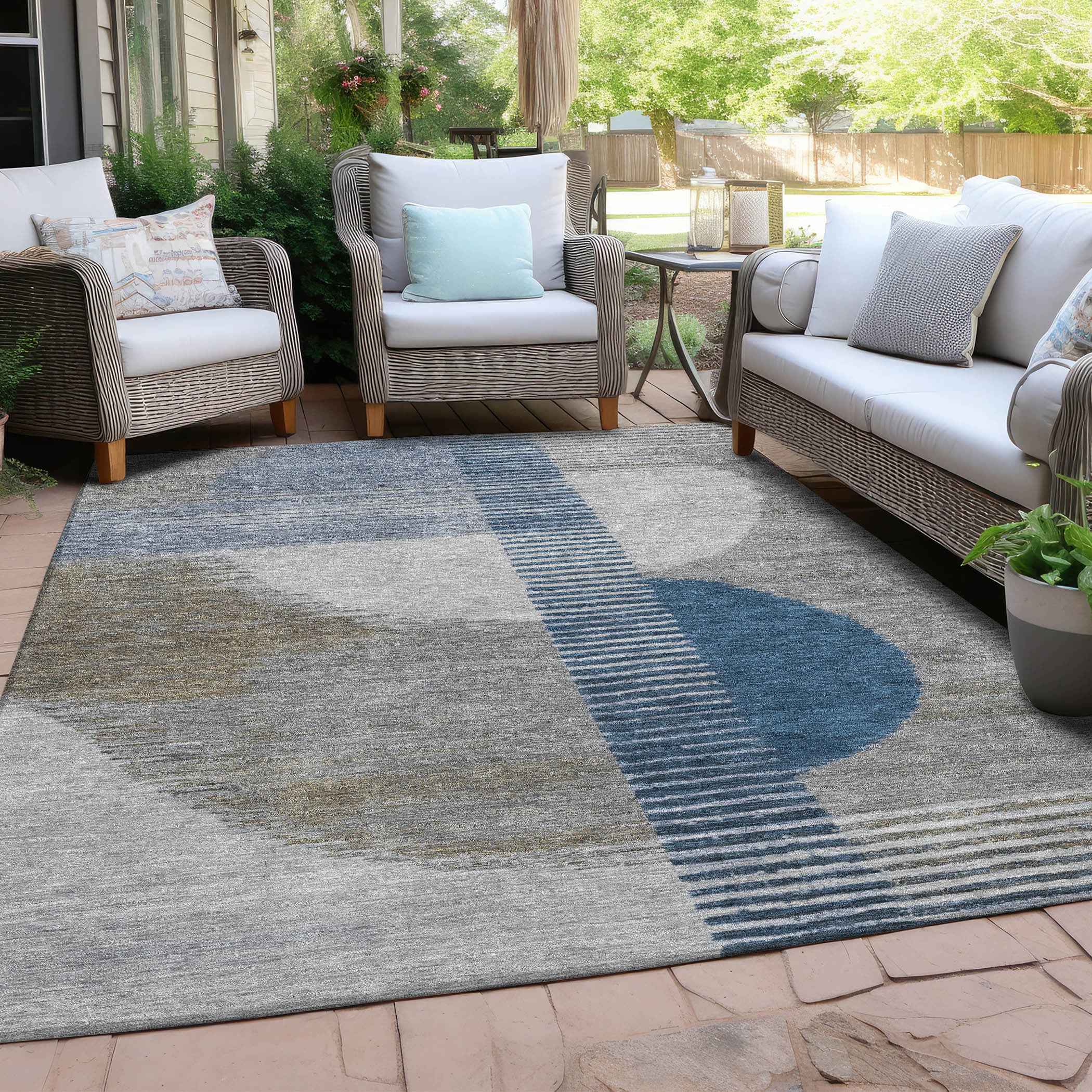 9' X 12' Denim Blue And Ivory Geometric Washable Indoor Outdoor Area Rug