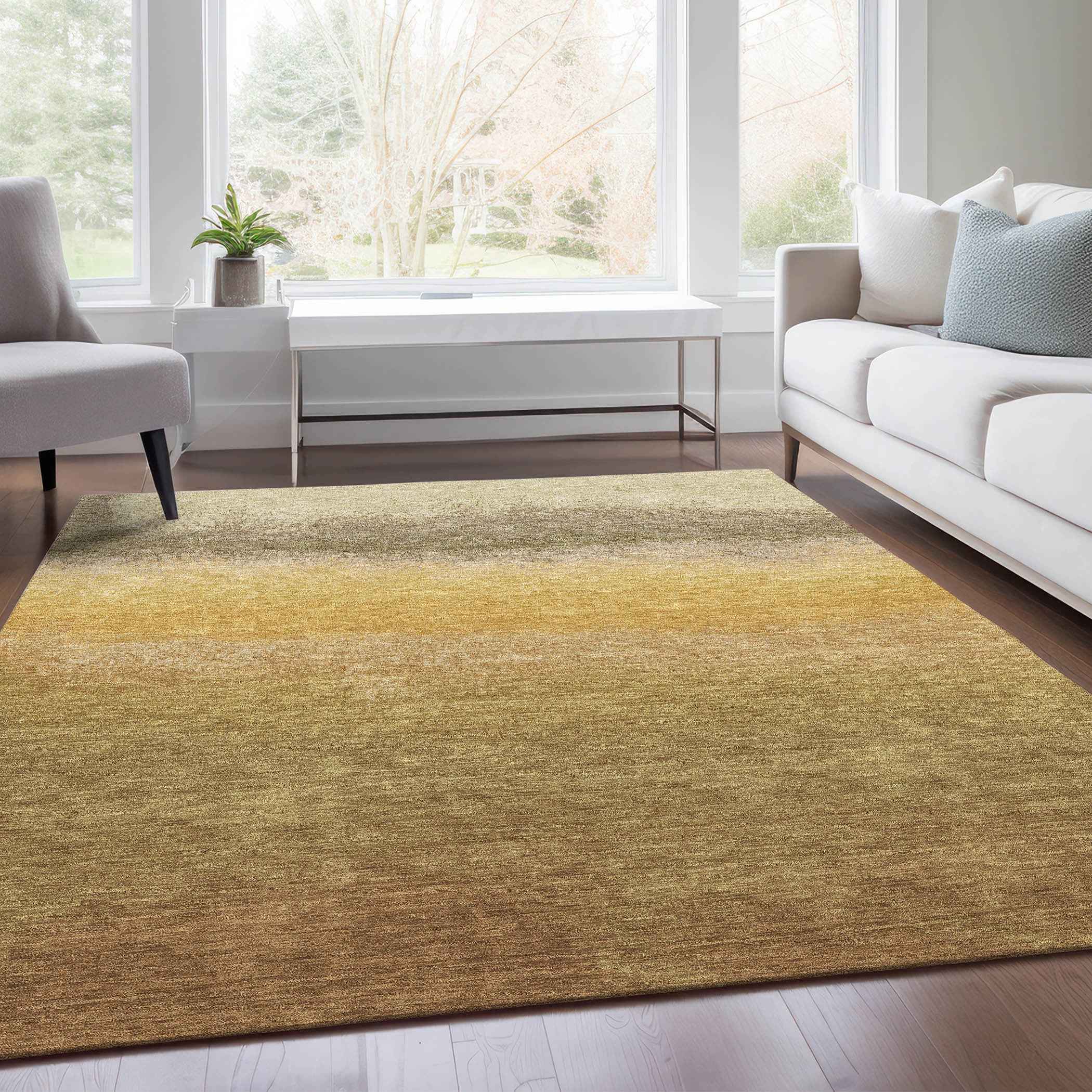 3' X 5' Gold And Wheat Ombre Washable Indoor Outdoor Area Rug