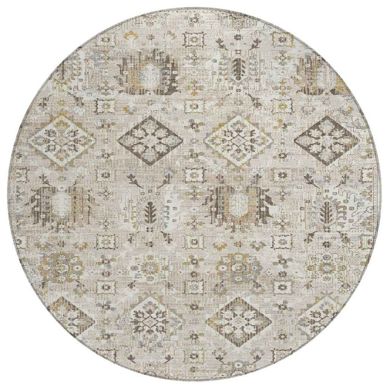 8' Linen And Ivory Round Floral Medallion Washable Indoor Outdoor Area Rug