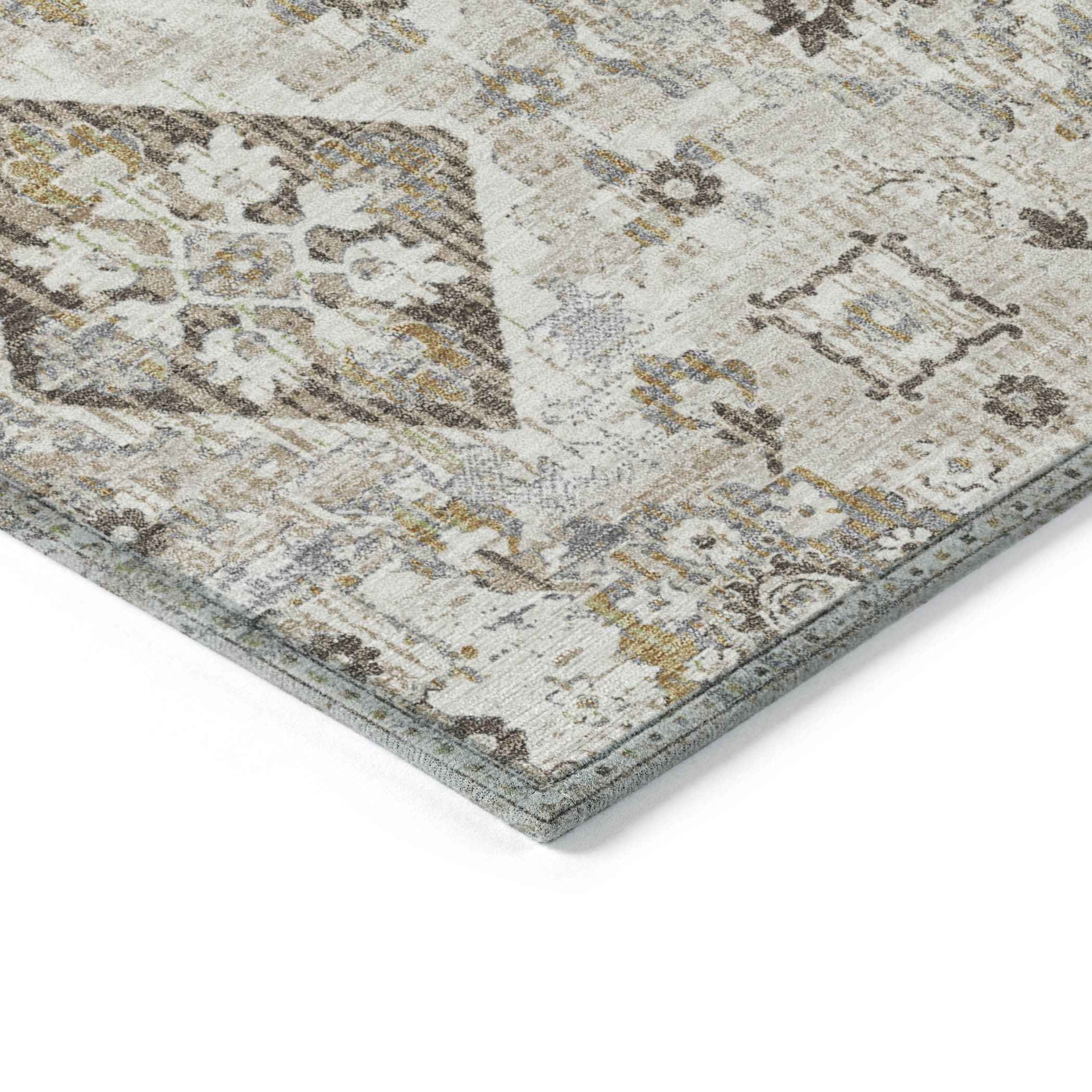 8' Linen And Ivory Round Floral Medallion Washable Indoor Outdoor Area Rug