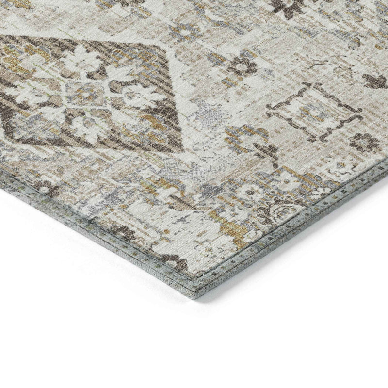 8' Linen And Ivory Round Floral Medallion Washable Indoor Outdoor Area Rug