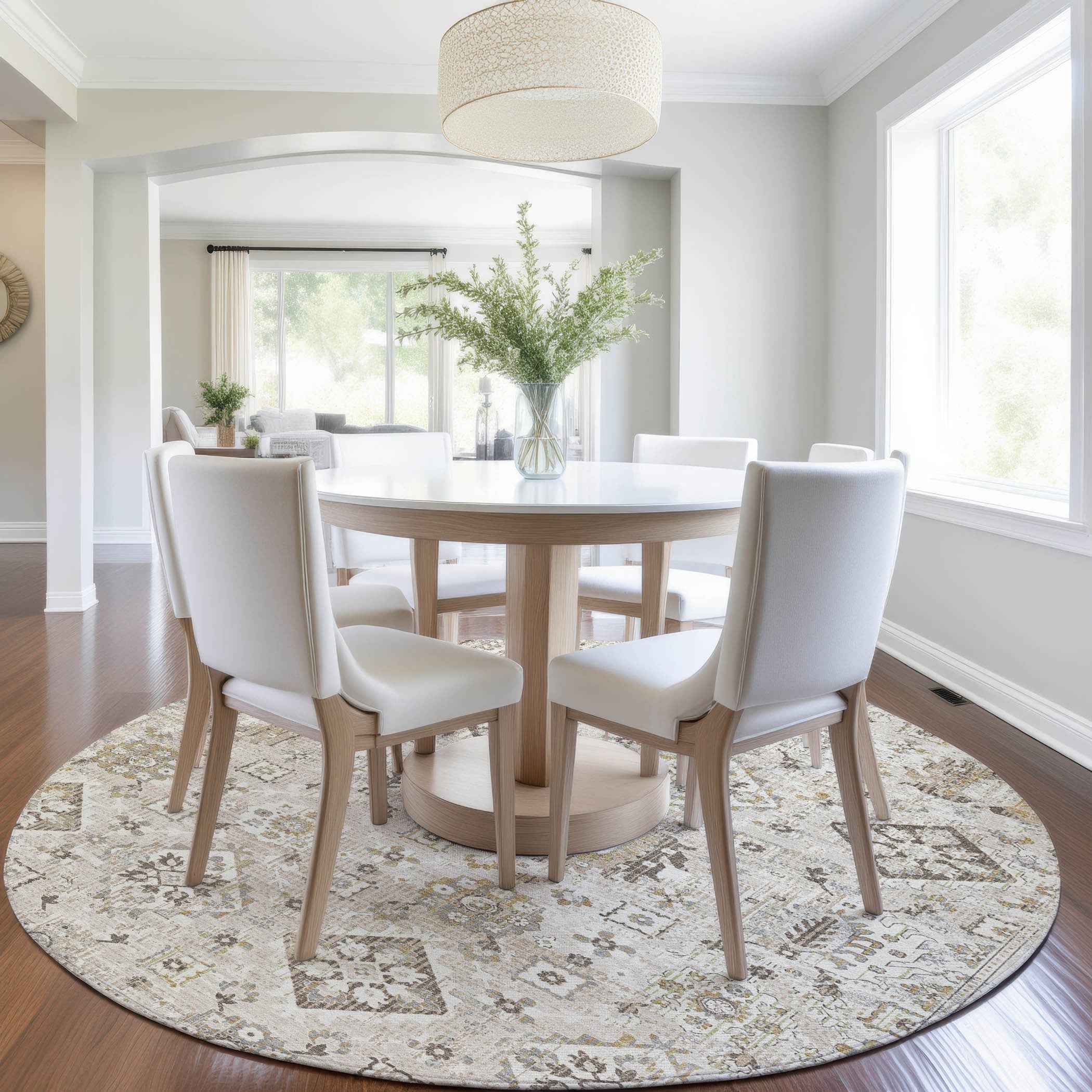 8' Linen And Ivory Round Floral Medallion Washable Indoor Outdoor Area Rug