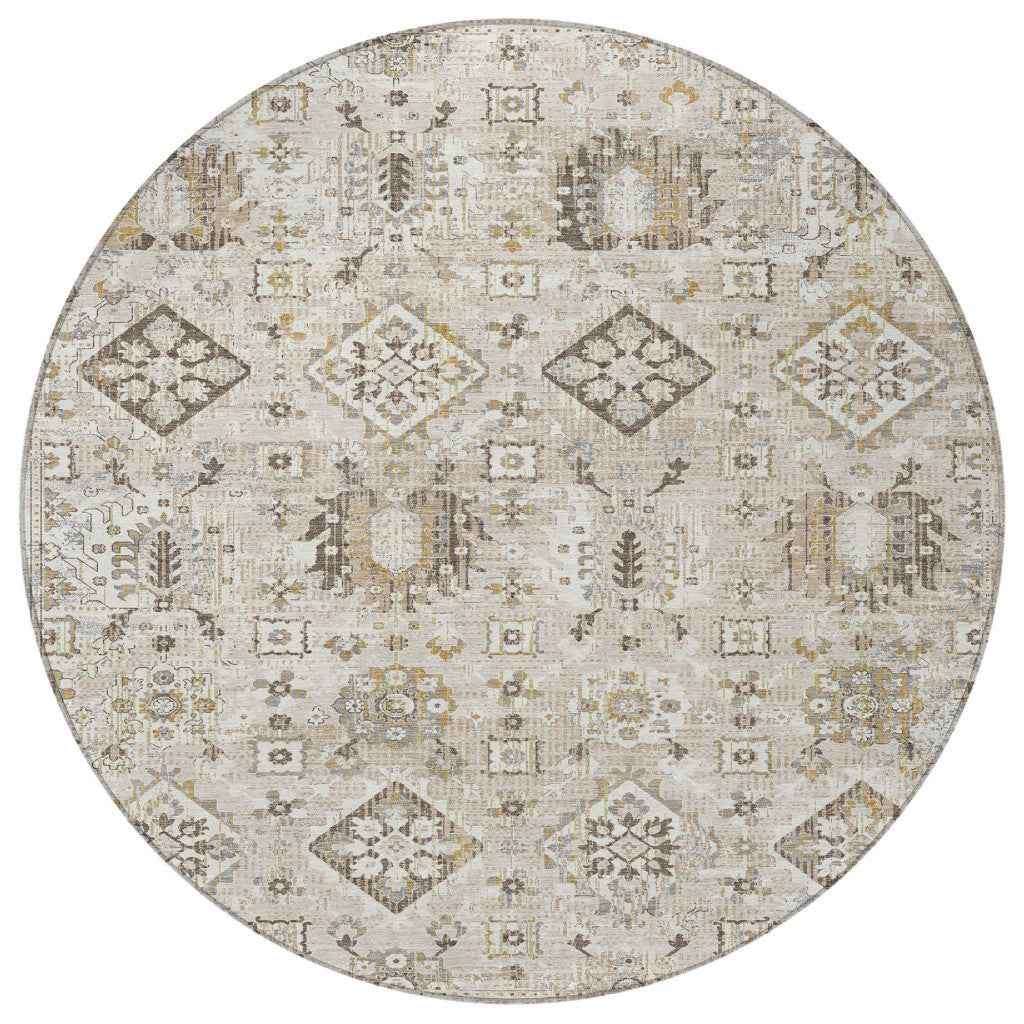8' Linen And Ivory Round Floral Medallion Washable Indoor Outdoor Area Rug
