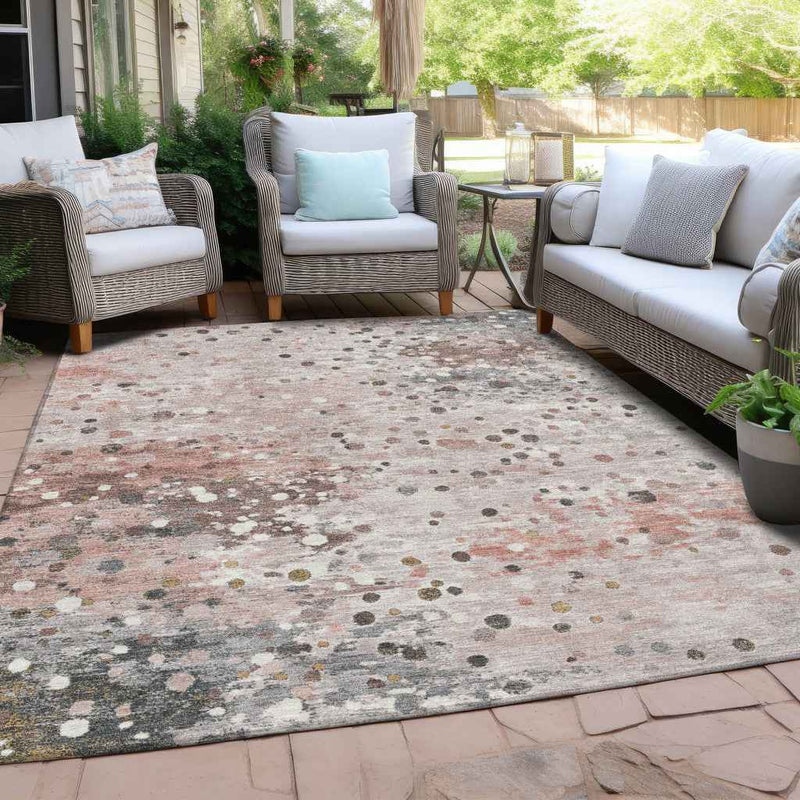 9' X 12' Salmon And Gray Abstract Washable Indoor Outdoor Area Rug
