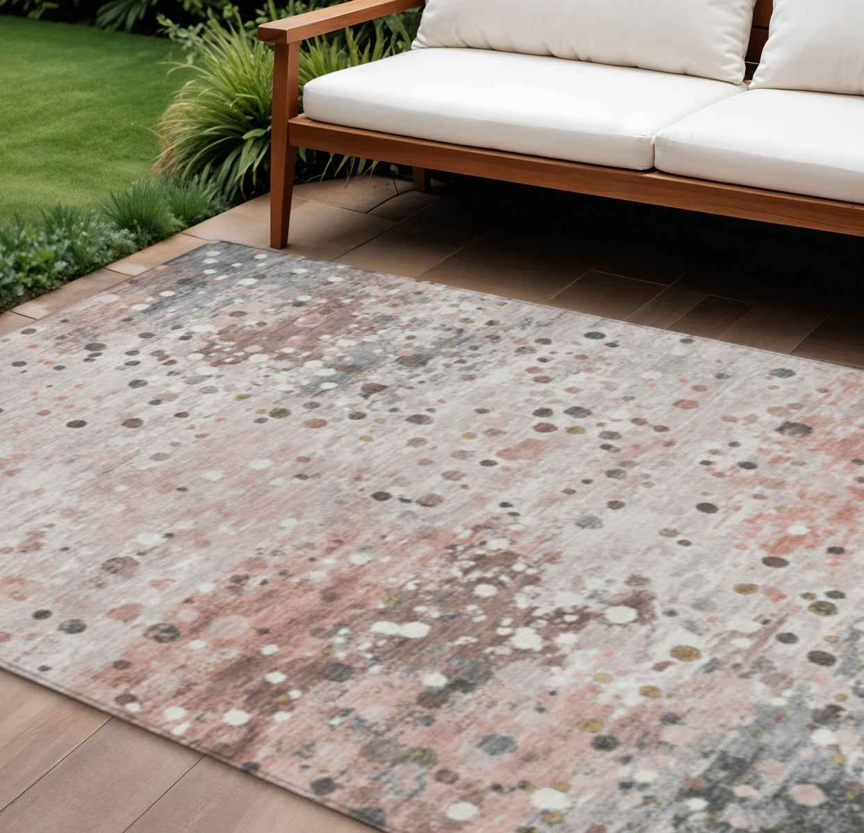 9' X 12' Salmon And Gray Abstract Washable Indoor Outdoor Area Rug