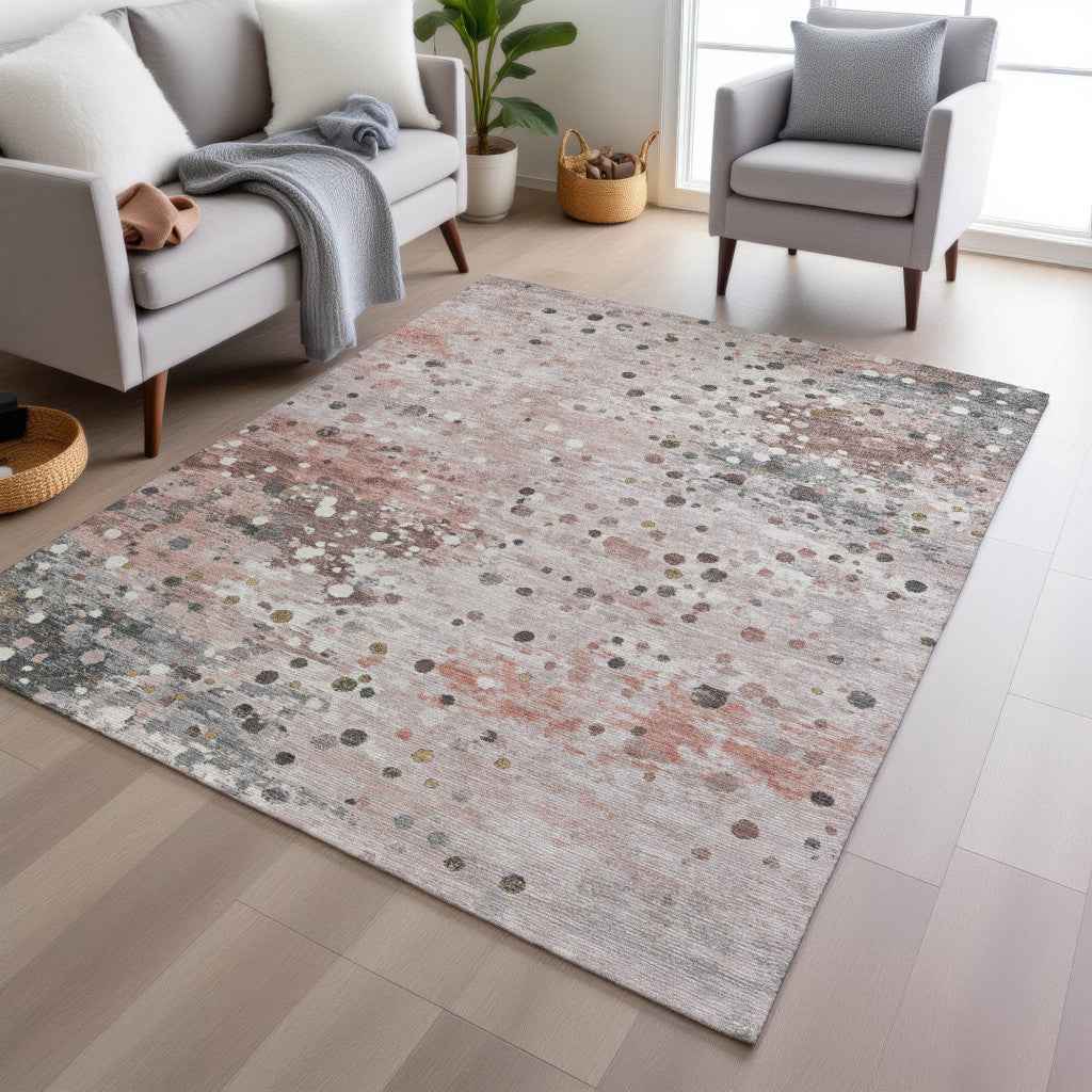 9' X 12' Salmon And Gray Abstract Washable Indoor Outdoor Area Rug
