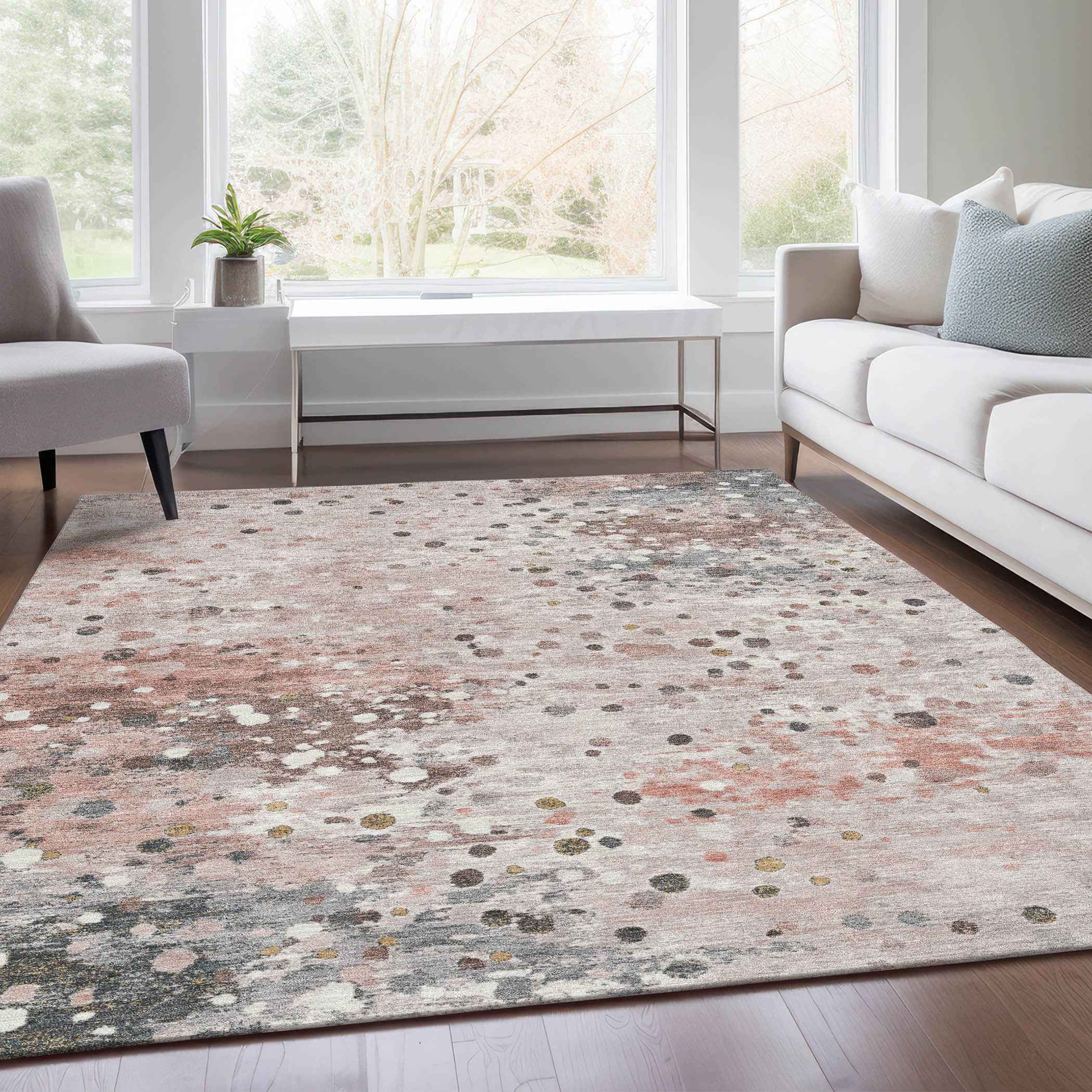 9' X 12' Salmon And Gray Abstract Washable Indoor Outdoor Area Rug