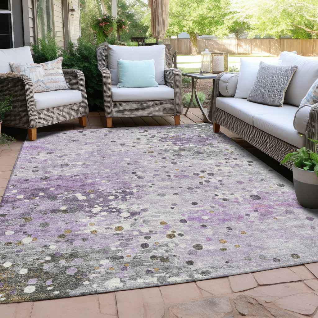 9' X 12' Lavender And Ivory Abstract Washable Indoor Outdoor Area Rug