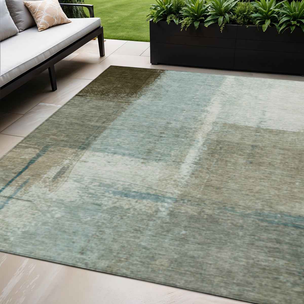 5' X 8' Pale Aqua And Beige Abstract Washable Indoor Outdoor Area Rug