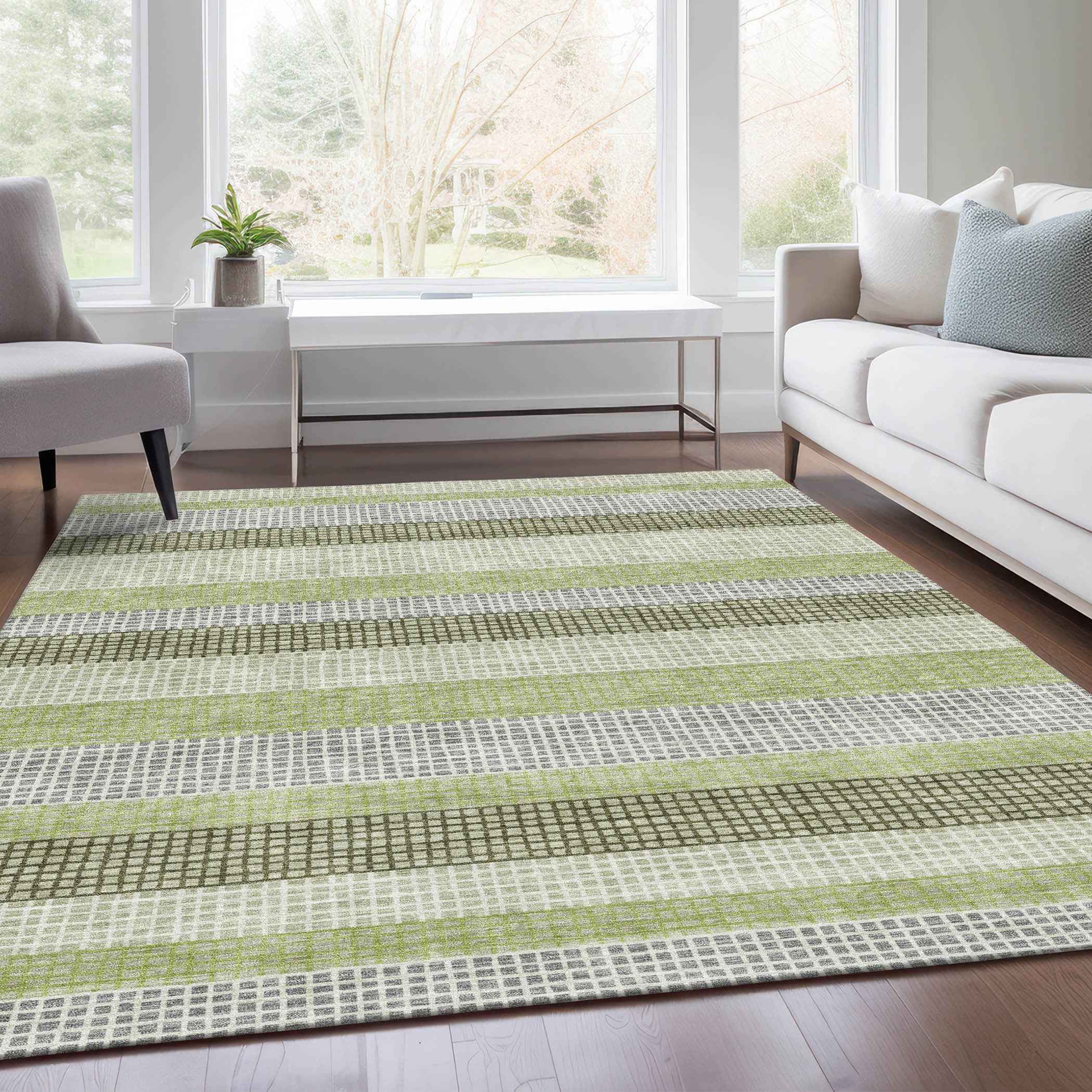 3' X 5' Artichoke Green And Ivory Striped Washable Indoor Outdoor Area Rug