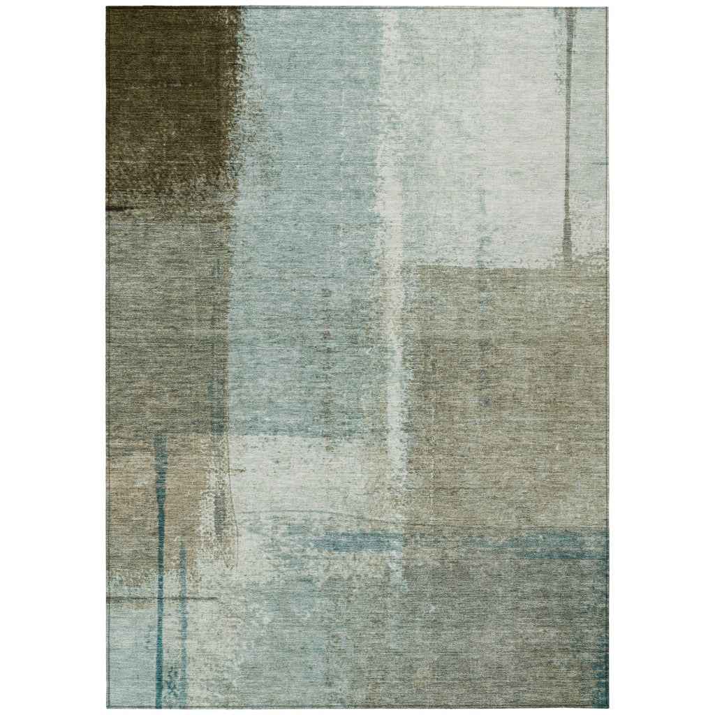 5' X 8' Pale Aqua And Beige Abstract Washable Indoor Outdoor Area Rug