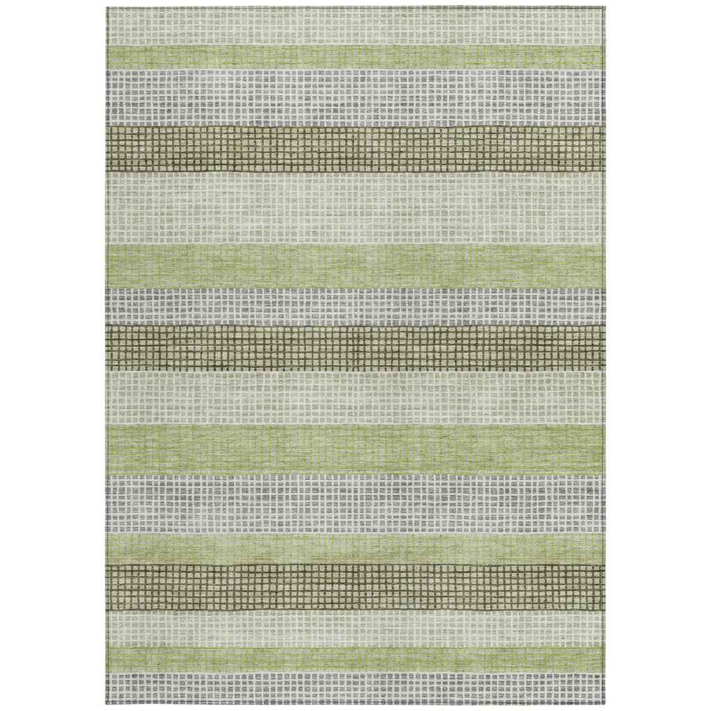 3' X 5' Artichoke Green And Ivory Striped Washable Indoor Outdoor Area Rug