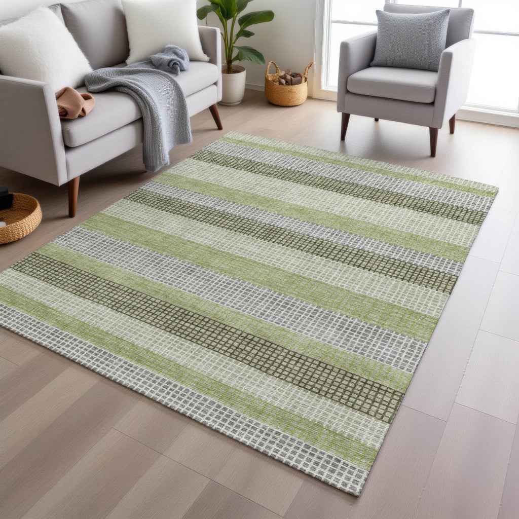 3' X 5' Artichoke Green And Ivory Striped Washable Indoor Outdoor Area Rug