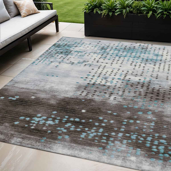 5' X 8' Teal Blue And Brown Geometric Washable Indoor Outdoor Area Rug