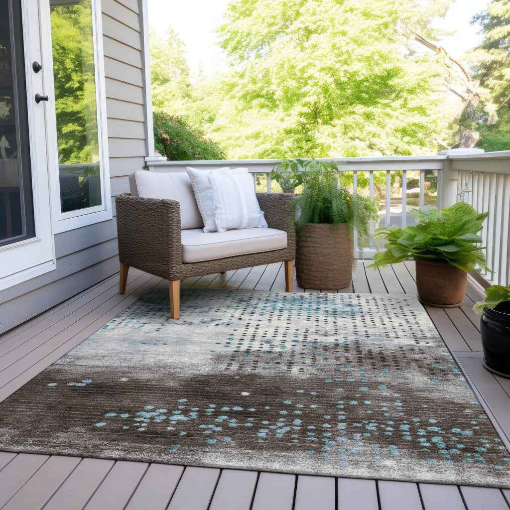 5' X 8' Teal Blue And Brown Geometric Washable Indoor Outdoor Area Rug