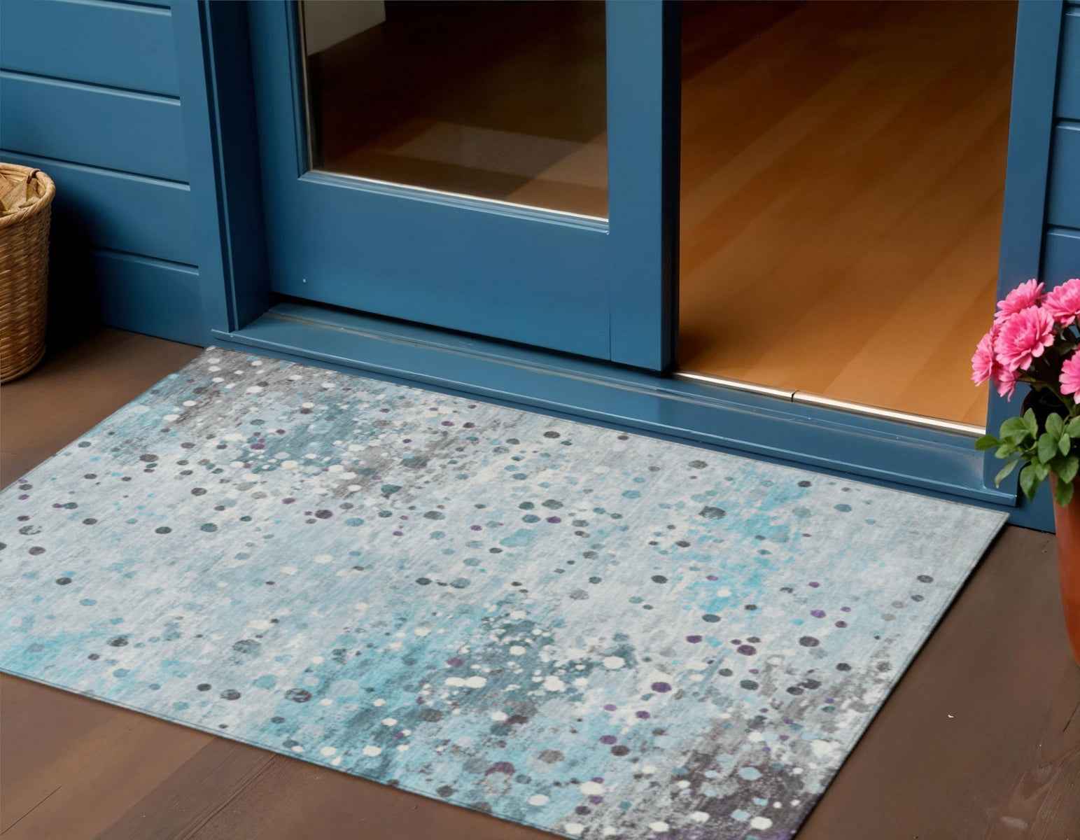 3' X 5' Teal Blue And Gray Abstract Washable Indoor Outdoor Area Rug