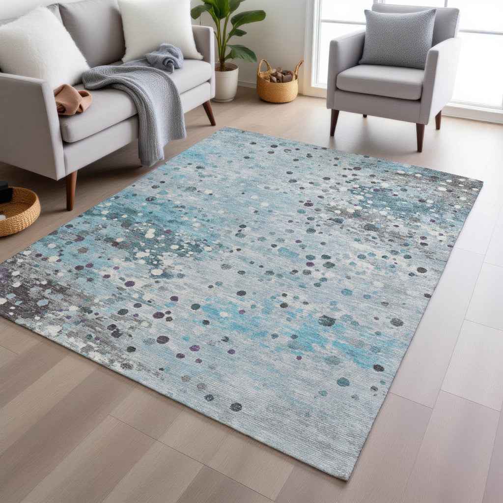3' X 5' Teal Blue And Gray Abstract Washable Indoor Outdoor Area Rug