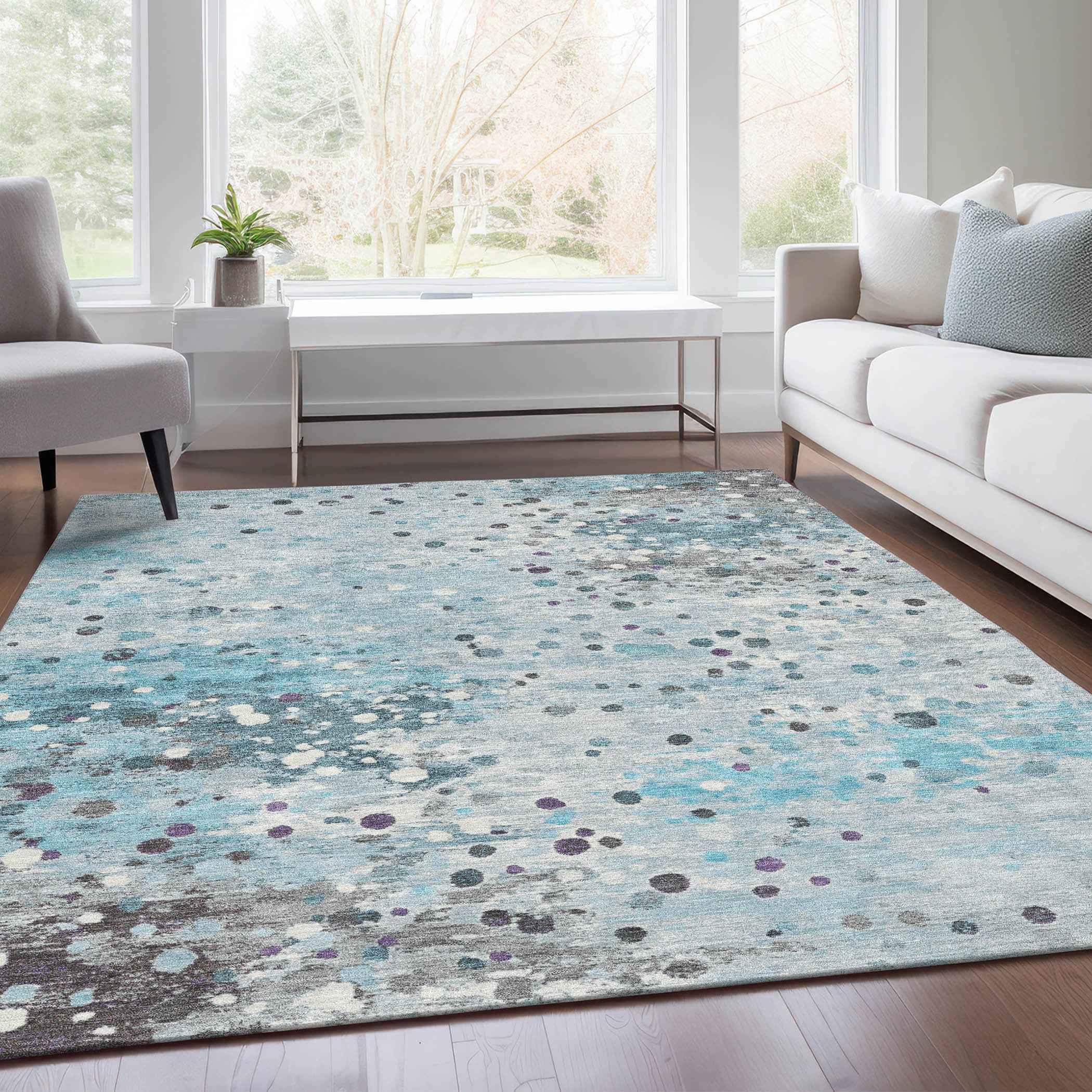 3' X 5' Teal Blue And Gray Abstract Washable Indoor Outdoor Area Rug