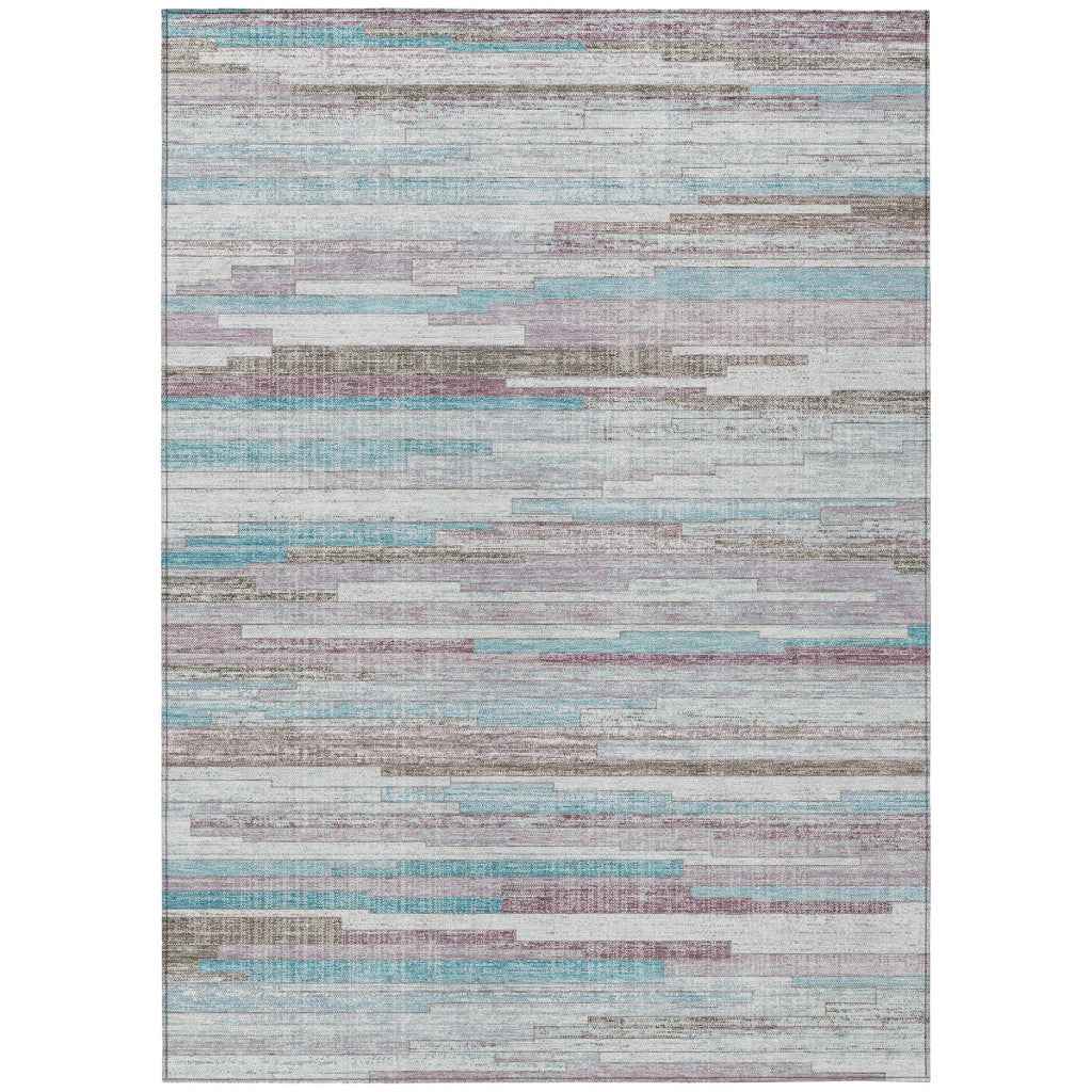 9' X 12' Teal Blue And Beige Striped Washable Indoor Outdoor Area Rug