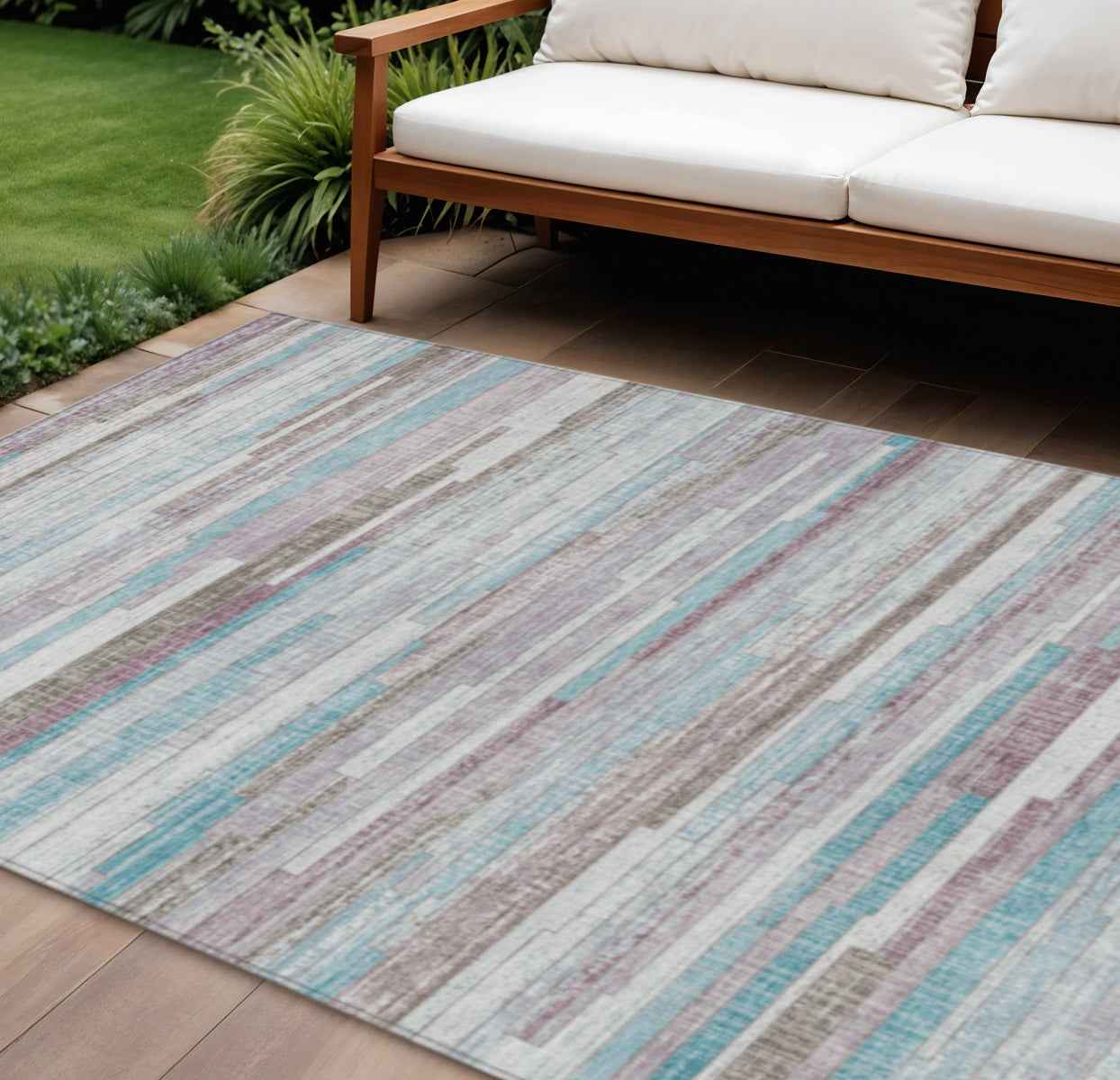 9' X 12' Teal Blue And Beige Striped Washable Indoor Outdoor Area Rug