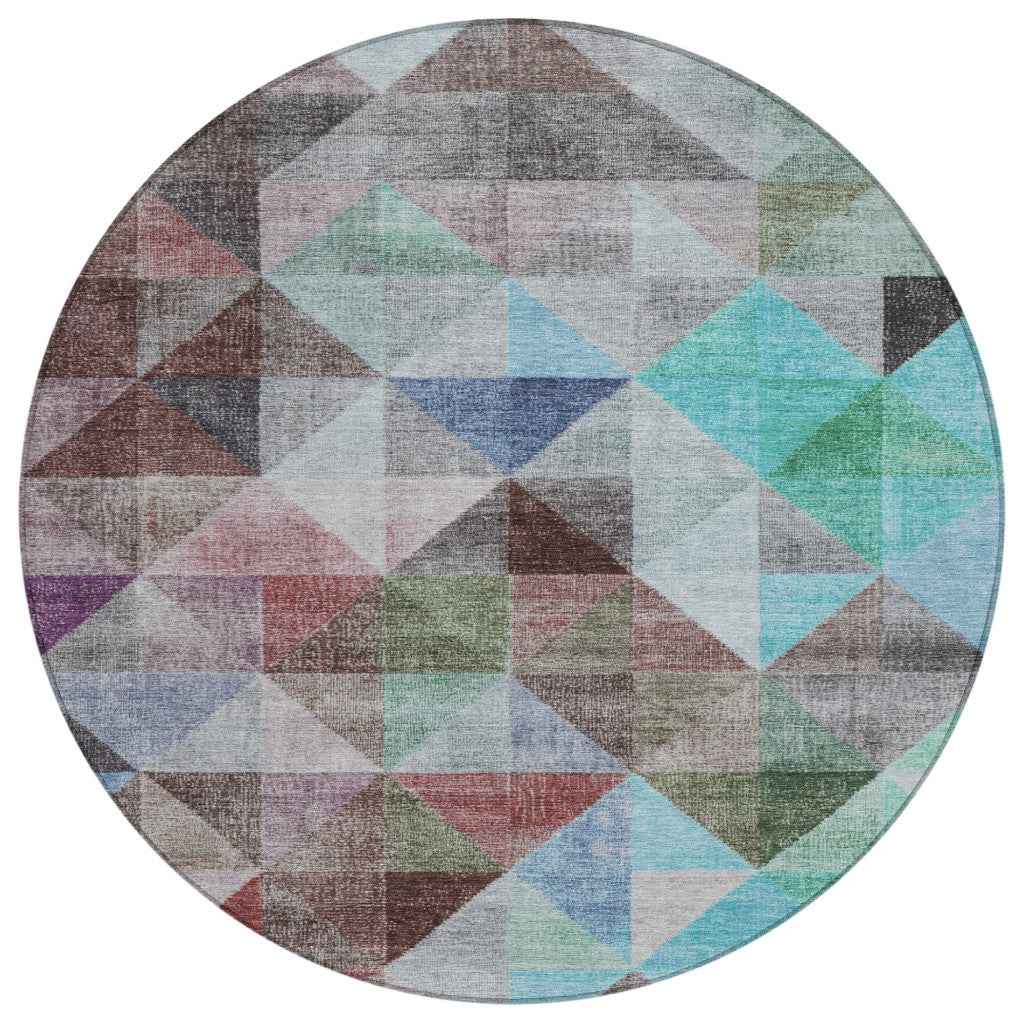 8' Silver Blue And Purple Round Geometric Washable Indoor Outdoor Area Rug