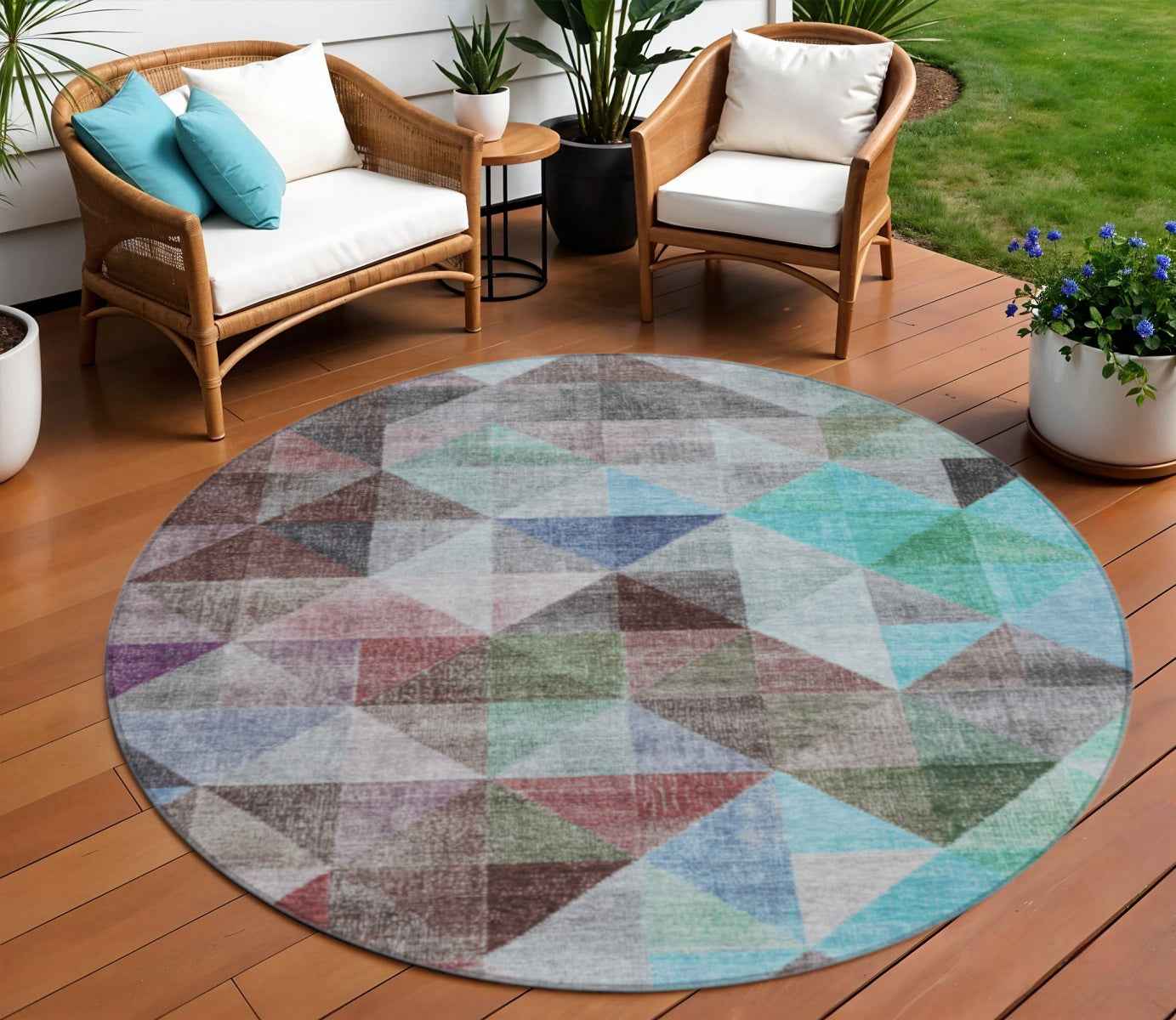 8' Silver Blue And Purple Round Geometric Washable Indoor Outdoor Area Rug