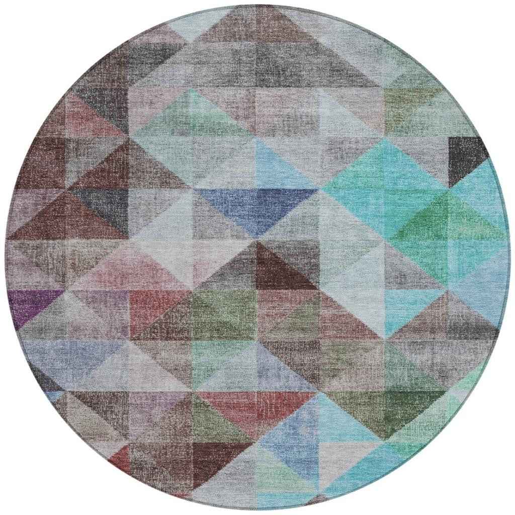 8' Silver Blue And Purple Round Geometric Washable Indoor Outdoor Area Rug