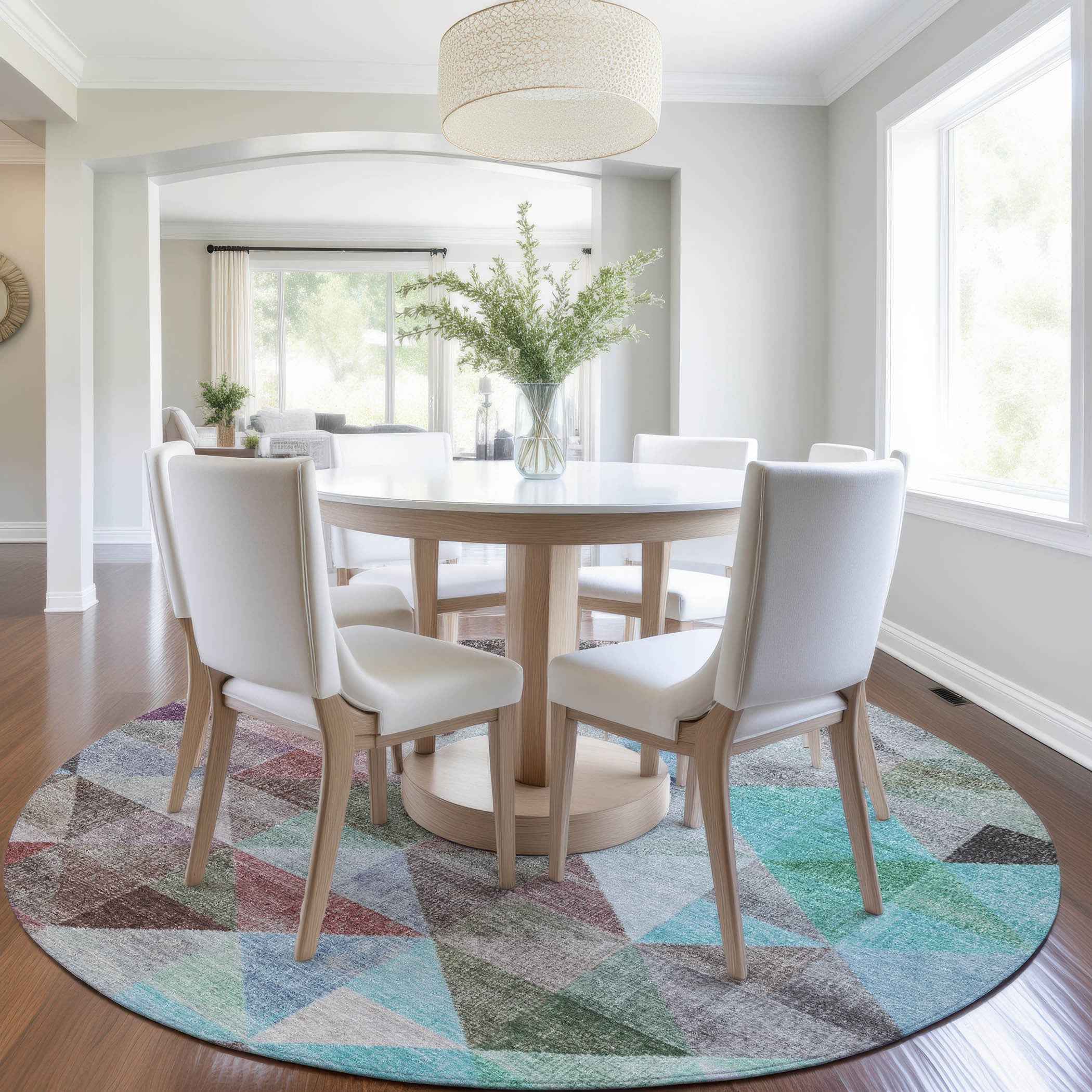 8' Silver Blue And Purple Round Geometric Washable Indoor Outdoor Area Rug