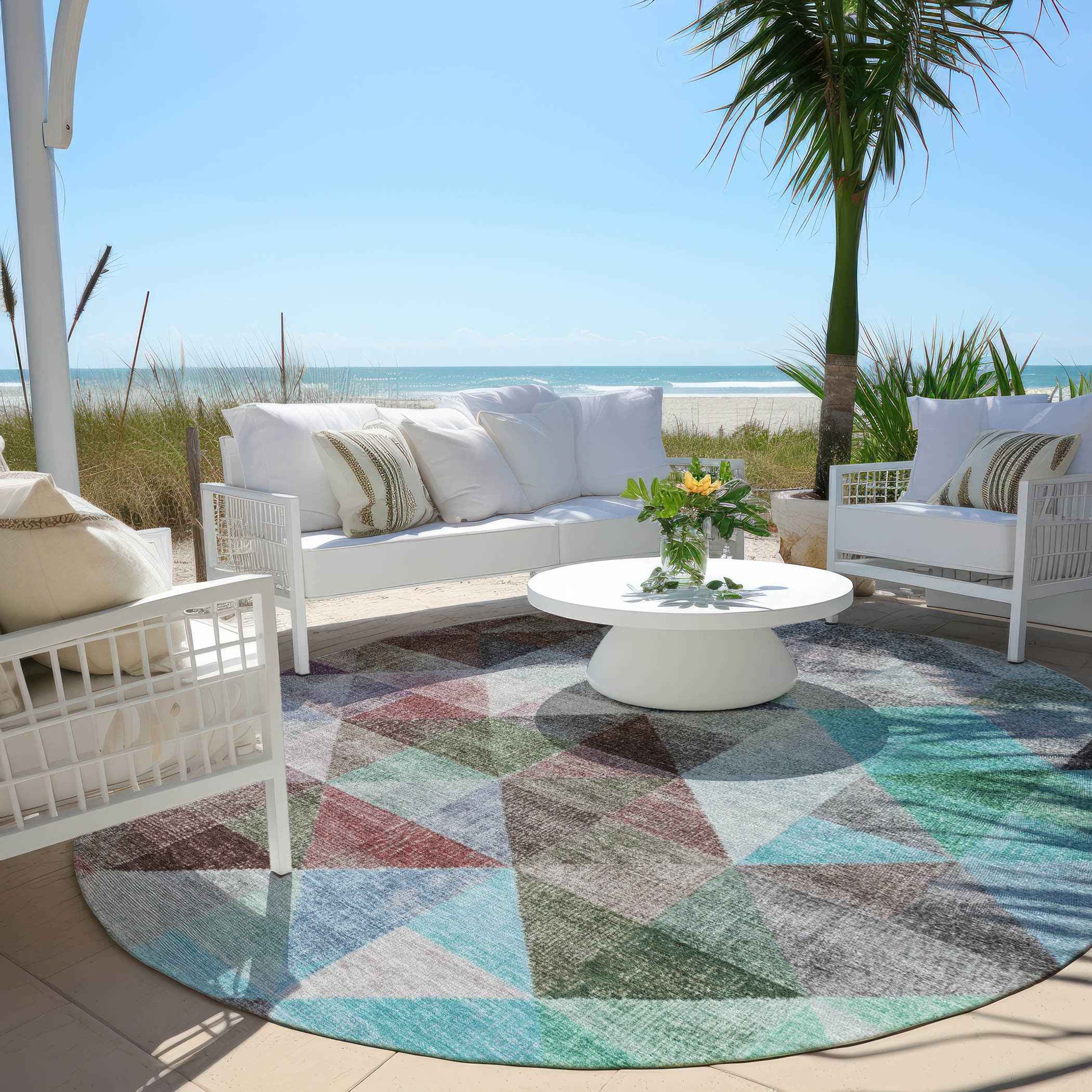 8' Silver Blue And Purple Round Geometric Washable Indoor Outdoor Area Rug