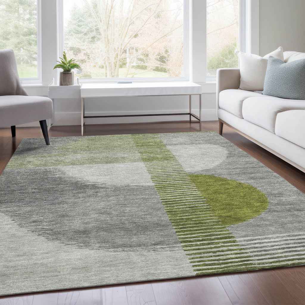 5' X 8' Olive Green And Gray Geometric Washable Indoor Outdoor Area Rug